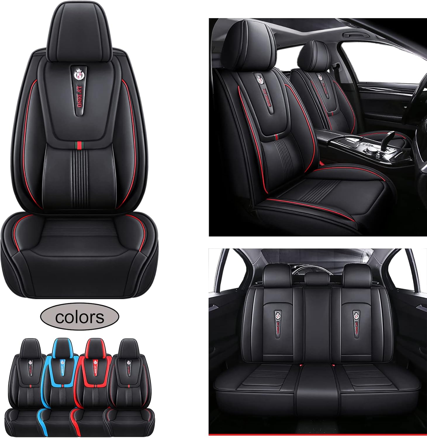ZSEAUTO 04 Car Seat Covers Full Set Waterproof Faux Leather Cushion Fit for Most Vehicle Sedan SUV Truck Universal Synthetic Leather Cushion with Built-in Lumbar Support (Black&Red Line)