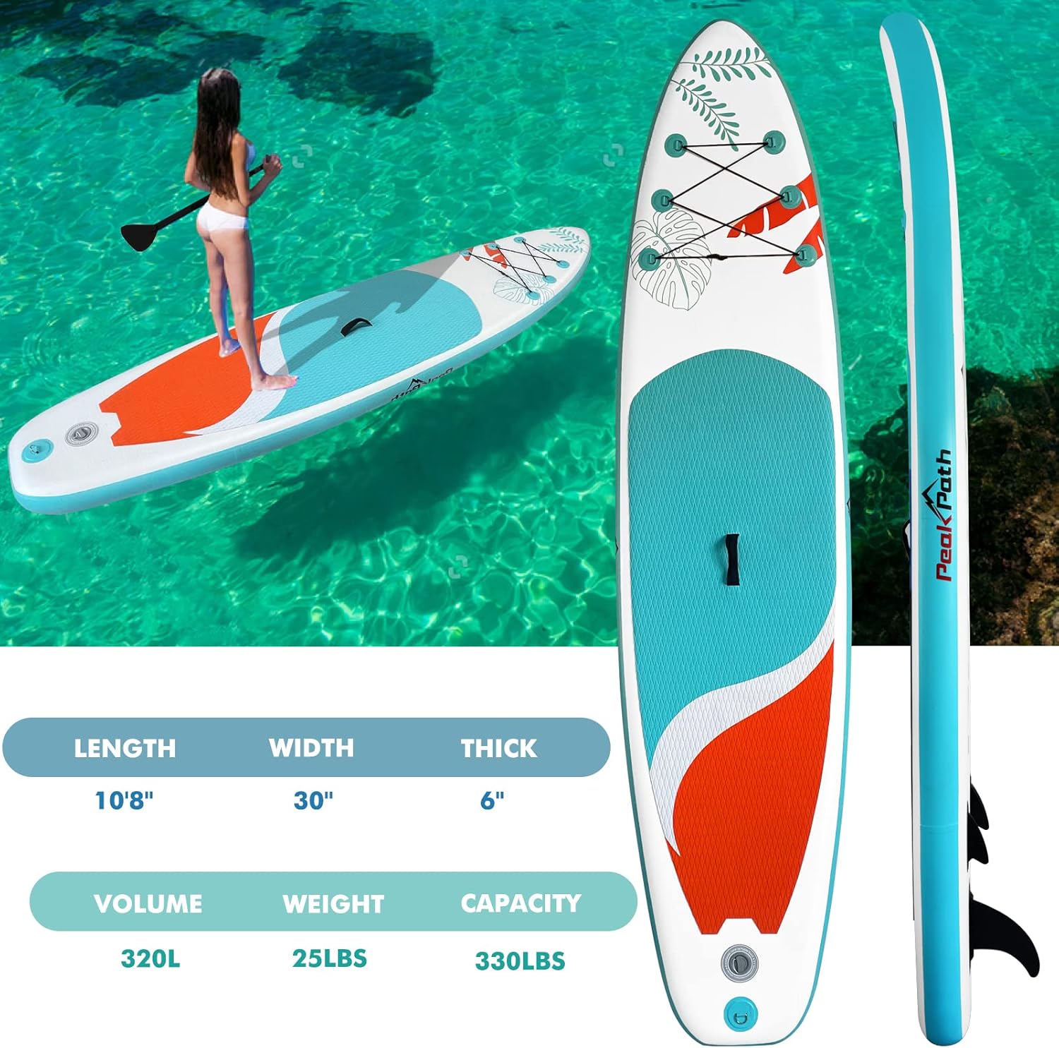 Peakpath Inflatable Stand Up Paddle Board (6''Thick) with Premium SUP Accessories&Bag,Bottom Fin for Paddling,Surf Control,Non-Slip Deck,Leash,Paddle and Two-Way Hand Pump|Youth&Adult Standing Boat