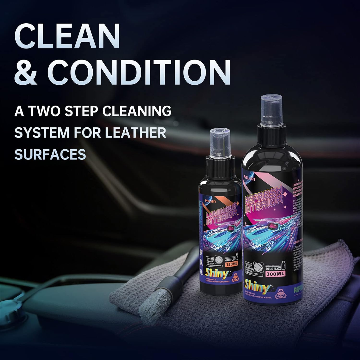 PHILISN Car Interior Care Kit (4 Items) - Leather Cleaner & Conditioner Detailing Supplies | All Purpose Solven Infused UV Protection - for Seats, Vinyl, Plastics etc.Safe Chemical Products Pack of 2