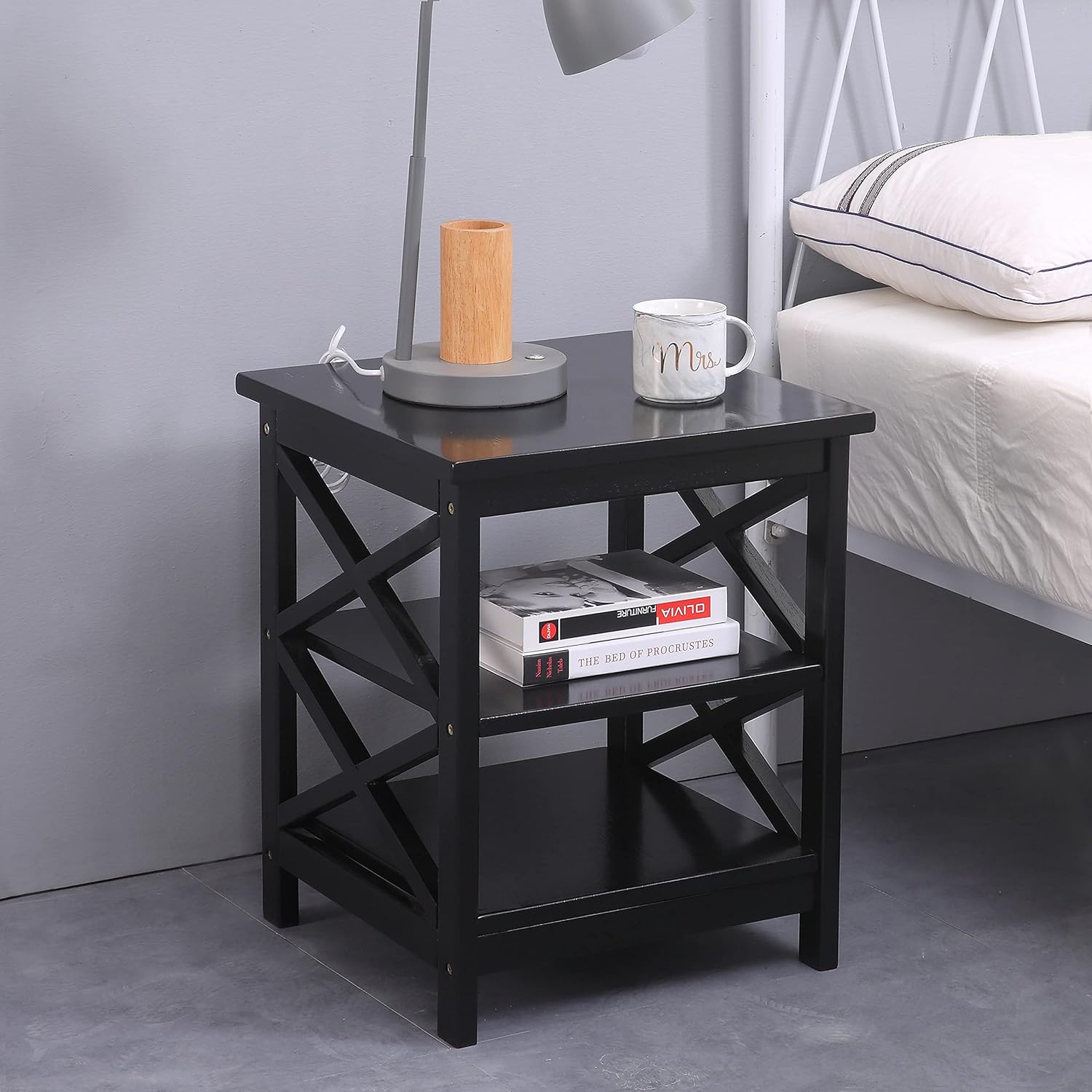 REJOICE HOME 'X' Frame Square Side Table with Shelves, Black Pack of 2