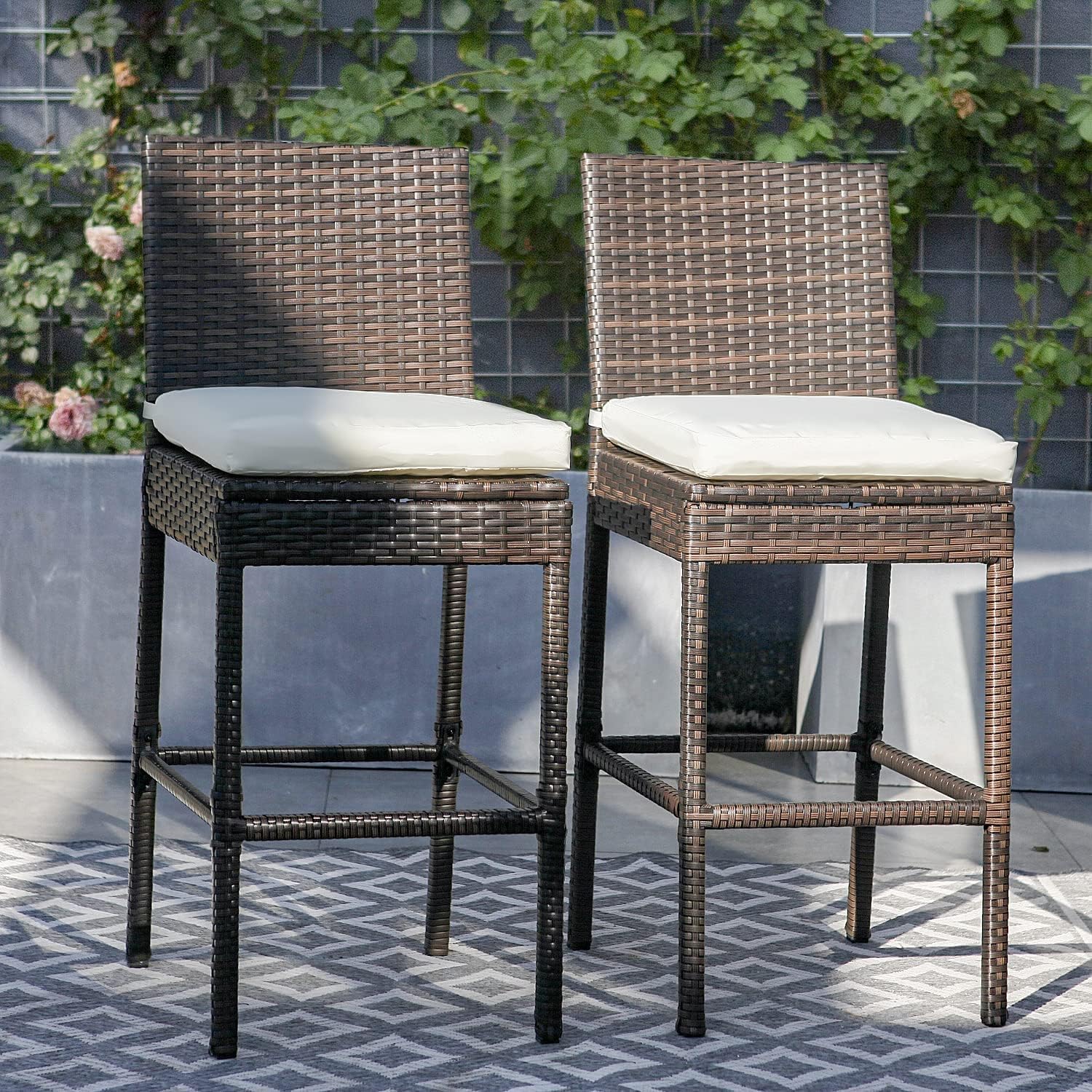 Rattan Bar Chair, Set of 2 Outdoor Wicker Bar Stool, All Weather Patio Height Barstools Furniture with Footrest, Armless,Blue Cushion for Pool Garden Backyard, Deck (Blue)