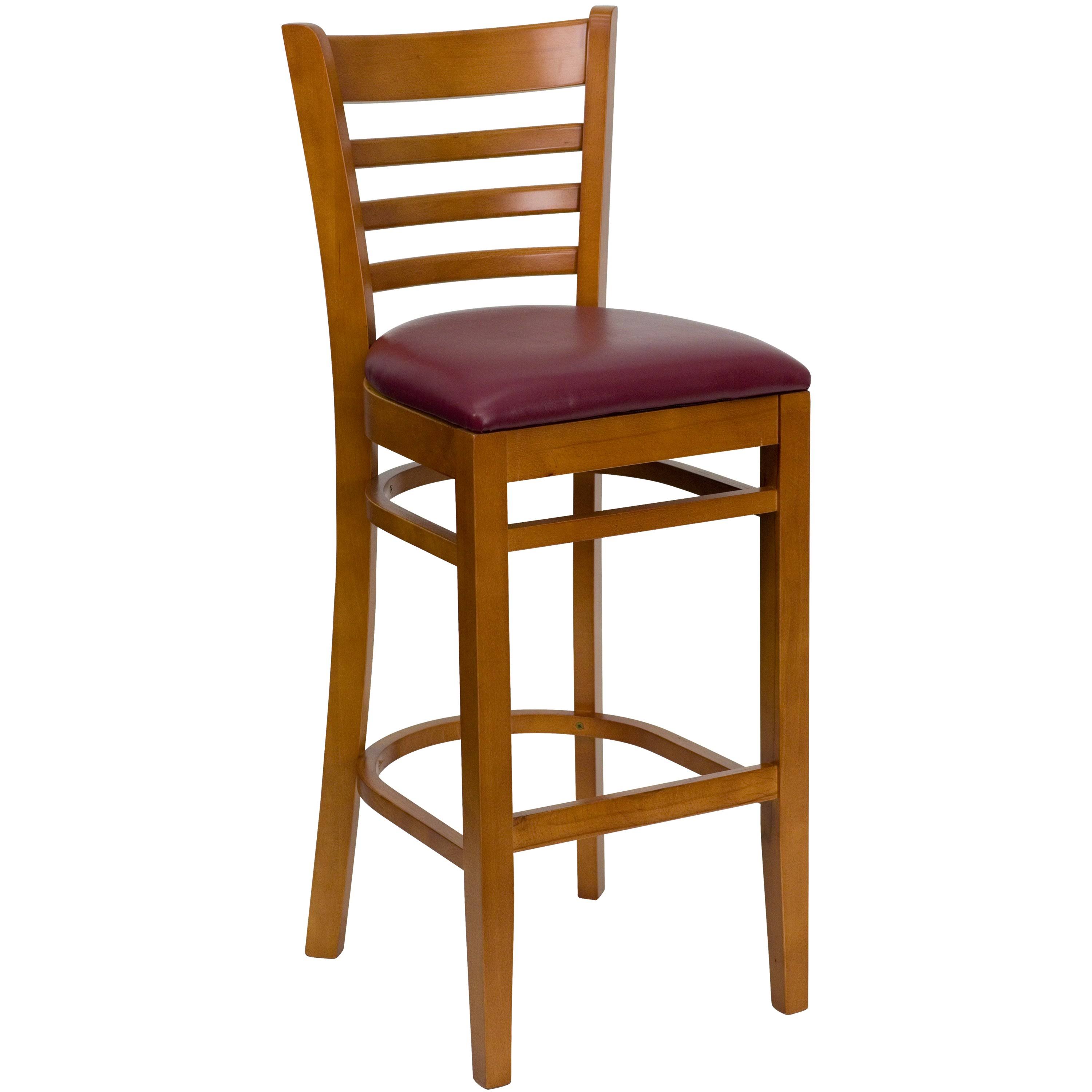 Ladder Back Cherry Wood Restaurant Barstool - Burgundy Vinyl Seat