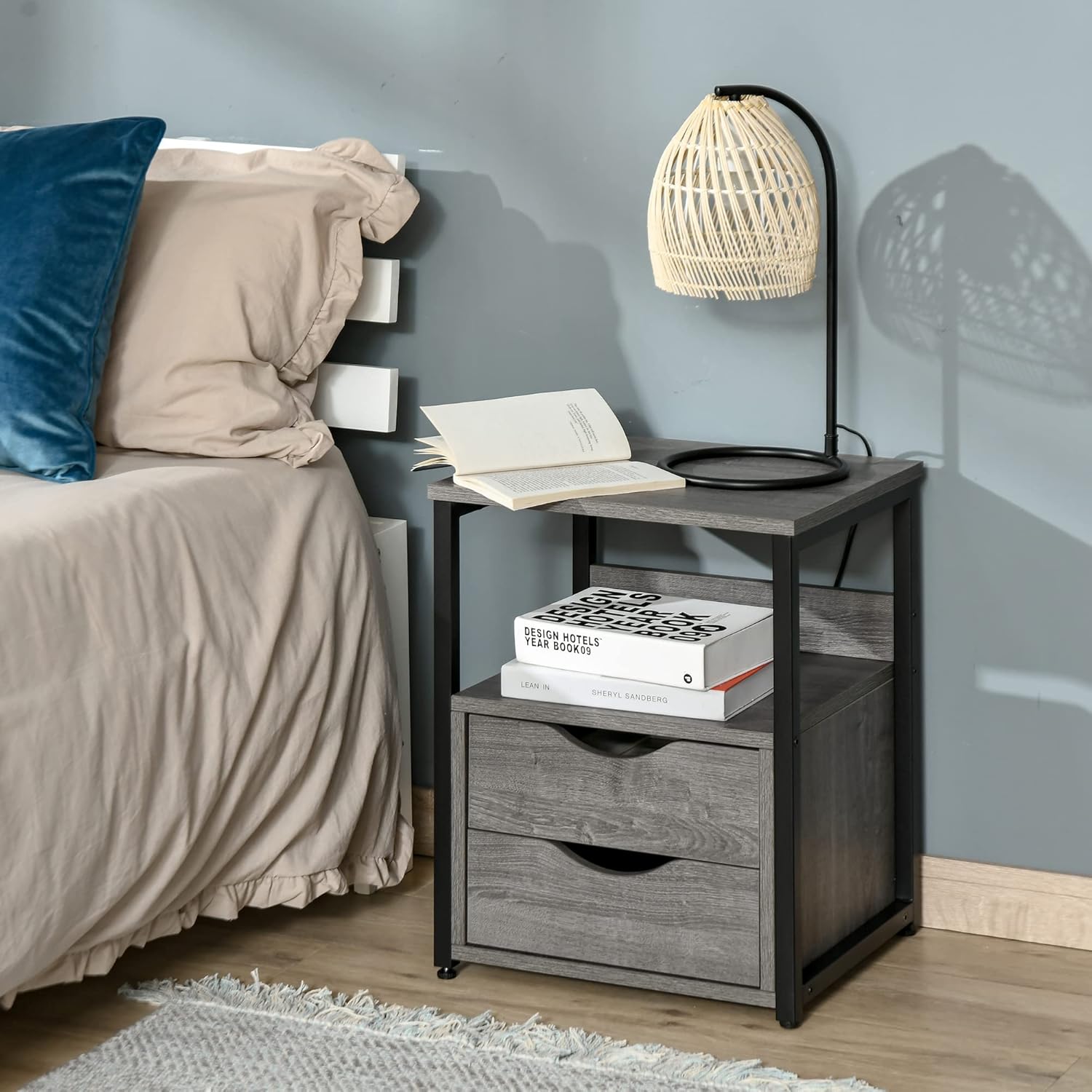 HOMCOM Industrial Side Table, Night Stand with 2 Storage Drawers Accent Piece for Living Room, Bedroom, Grey Pack of 2