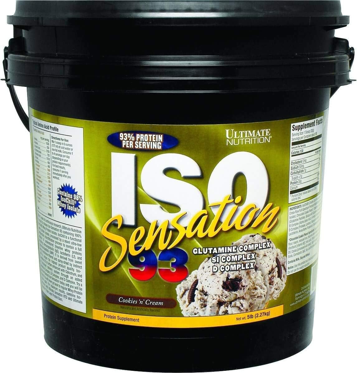 Ultimate Nutrition Iso Sensation 93 with Glutamine, Whey Protein Isolate Powder, 30 Grams of Protein, Low Carb Protein Shakes, Keto Friendly, 5 Pounds, Cookies N Cream Flavoured Pack of 2