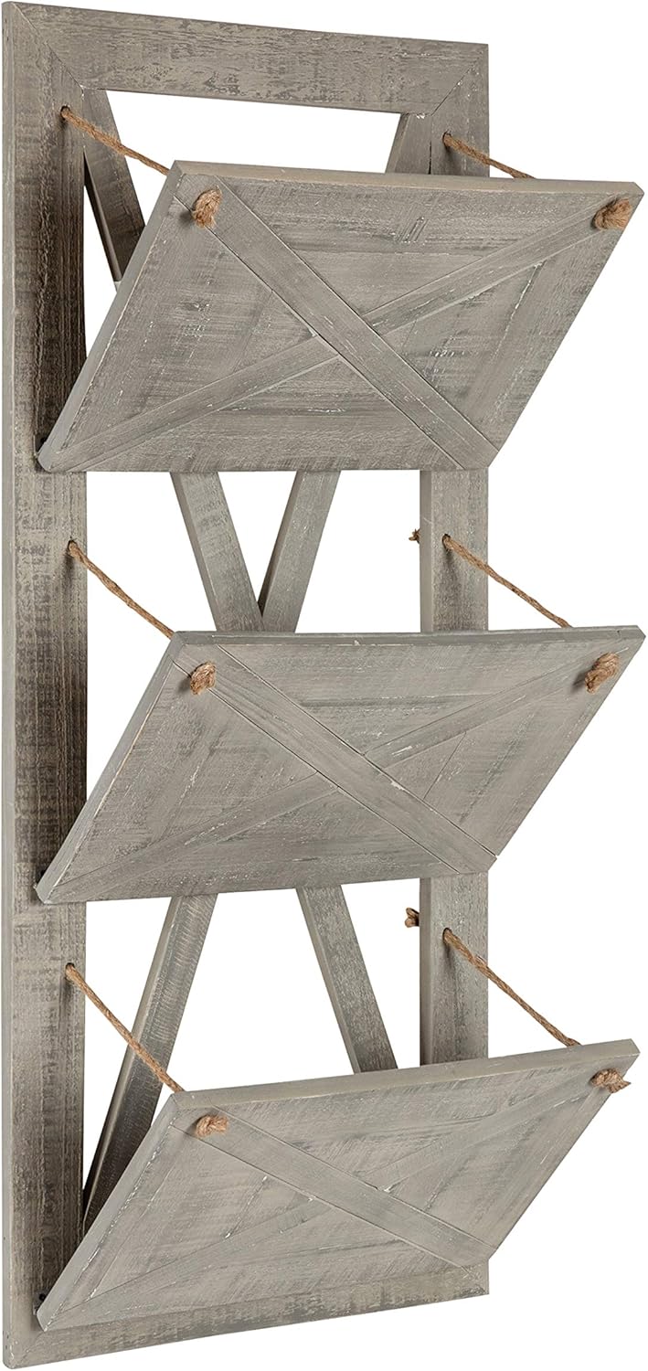 Kate and Laurel Hardeman 3 Pocket Farmhouse Wood Hanging Wall File Holder, Rustic Brown Pack of 2