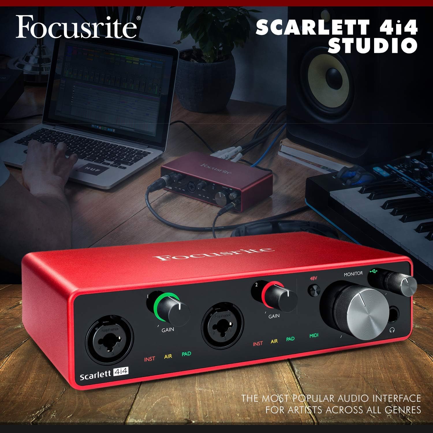 Focusrite Scarlett 4i4 USB Audio Interface (3rd Generation) + PreSonus Eris Nearfield Monitors, Tascam TM-80 Studio Microphone, SR860 Headphones, and Extensive Studio Package