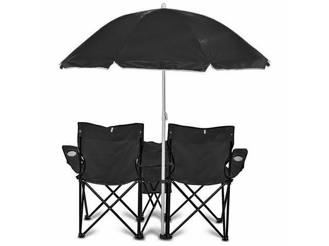 GoTeam Portable Double Folding Chair with Removable Umbrella, Cooler Bag and Carry Case (Black)