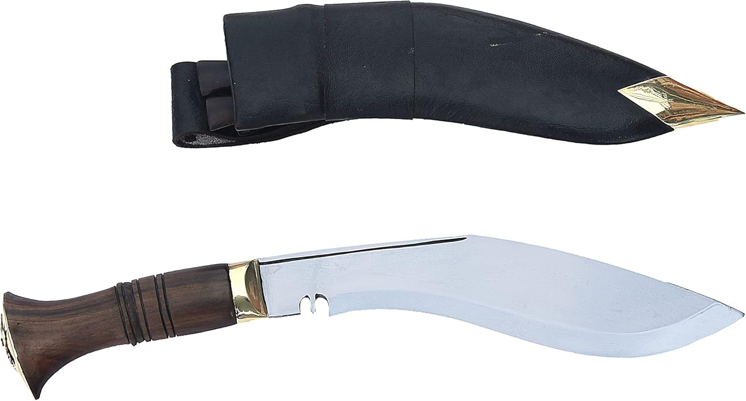 ESK 9&rdquo; Blade Nepal Police Kukri, Handmade, Carbon Steel, Rosewood Handle, Black Leather Scabbard Rattail Khukuri w/ 2 extra knives