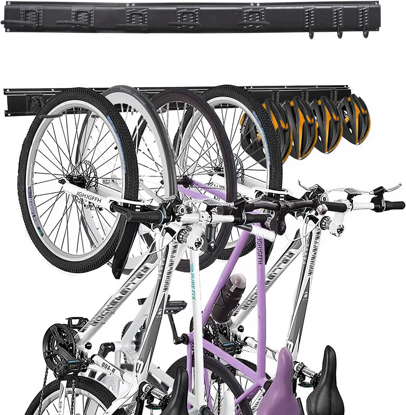 Bike Storage Rack Wall Mount, Garage Storage Rack with 5 Bike Hooks and 3 Helmet Hooks, Adjustable Bike Organizer Rack for Space Saving (8 Hooks and 3 Rails) Pack of 2