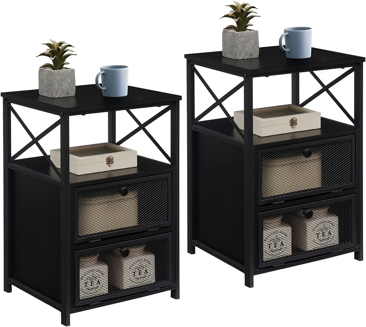 VECELO Modern Nightstand, End Table with flip Drawer and X-Design Side for Bedroom Living Room Office, Easy Assembly, Black, Set of 1