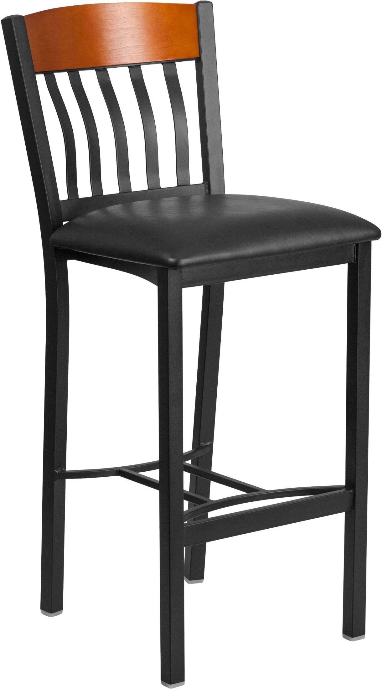 Eclipse Series Vertical Back Black Metal and Cherry Wood Restaurant Barstool with Black Vinyl Seat | Flash Furniture