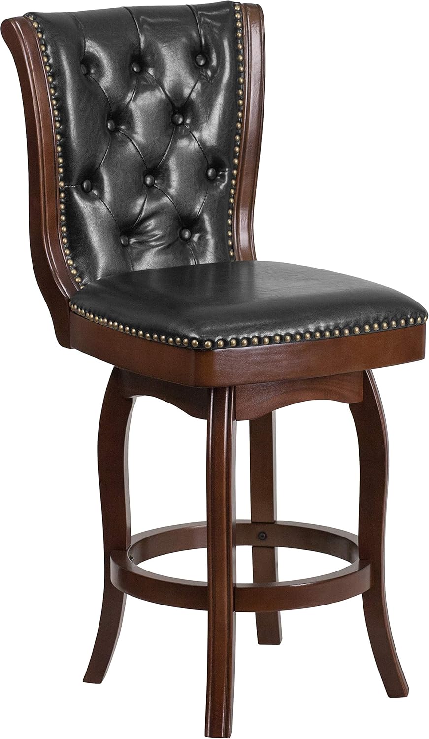 Flash Furniture 26'' High Cherry Wood Counter Height Stool with Button Tufted Back and Black LeatherSoft Swivel Seat