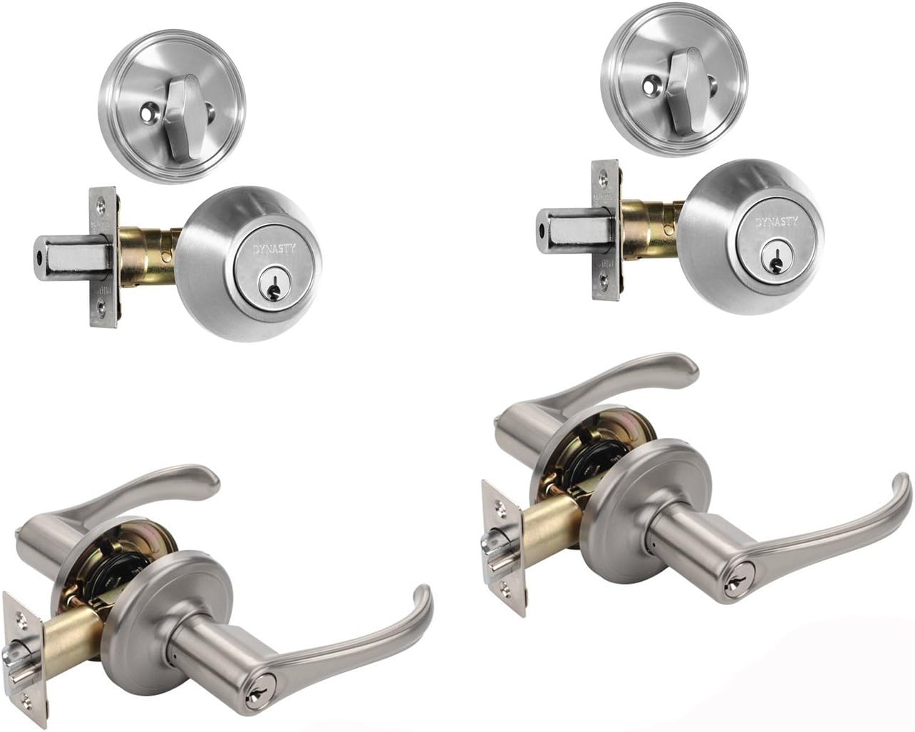 Dynasty Hardware CP-VAI-US15, Vail Front Door Entry Lever Lockset and Single Cylinder Deadbolt Combination Set, Satin Nickel (2 Pack) Keyed Alike