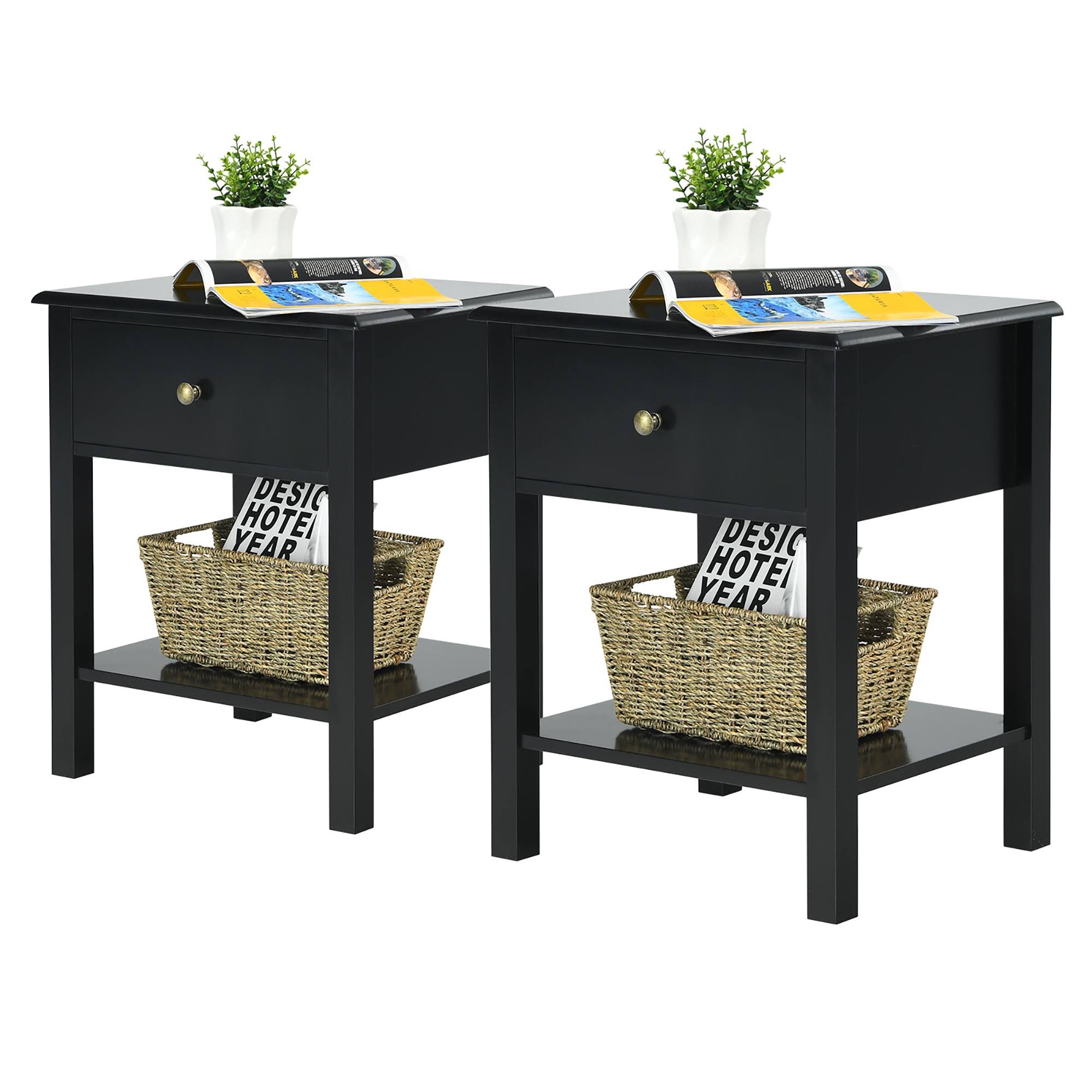 Costway 2pcs End Table Nightstand Storage Display Drawer Shelf Beside Table Black Nightstands
