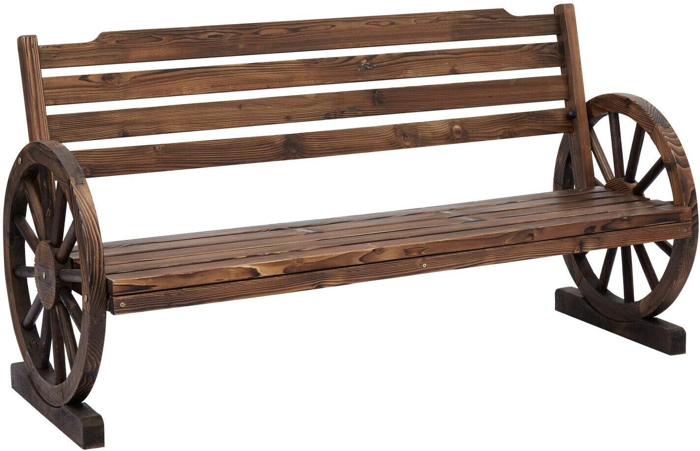 Kintness Wooden Wagon Wheel Bench Rustic Outdoor Patio Furniture 2-Person Seat Bench with Backrest for Backyard Patio