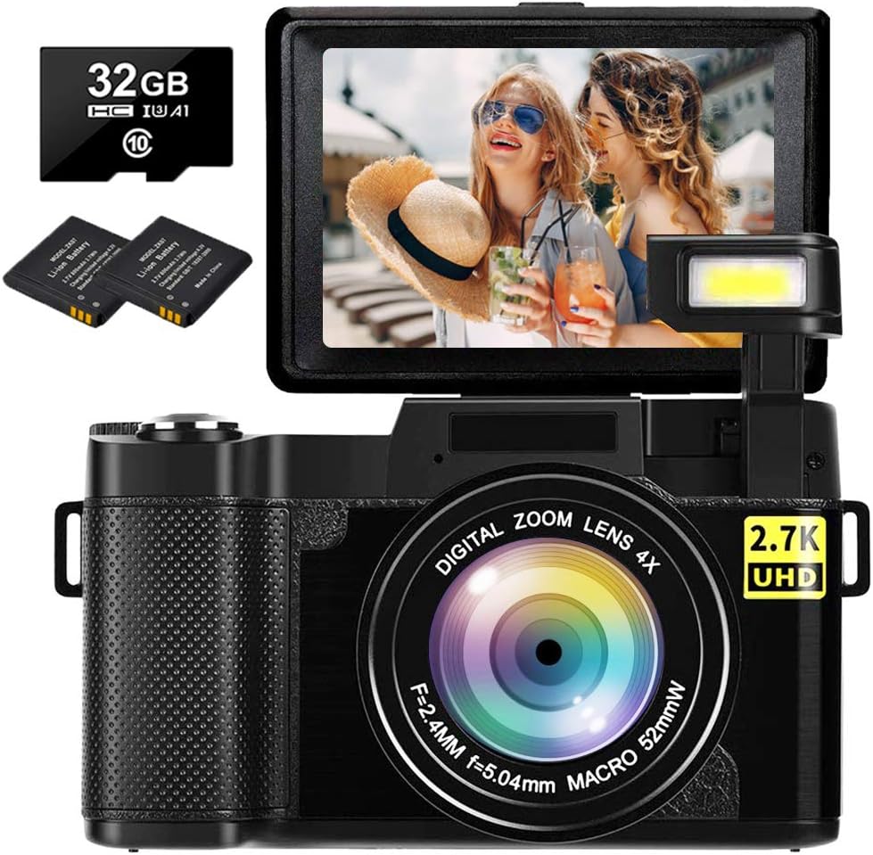 Digital Camera Vlogging Camera 2.7K 30MP Full HD Camera for YouTube 3.0 Inch 180 Degree Rotation Flip Screen with Retractable Flash Light(32GB Micro SD Card Included)