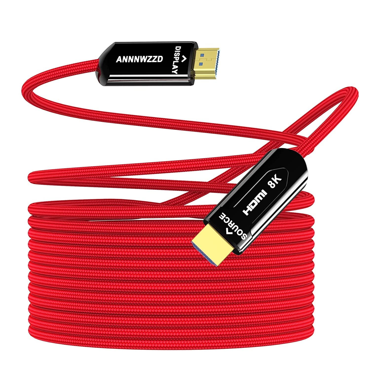 ANNNWZZD 8K HDMI Fiber Optic Cable,8K@60Hz Fiber HDMI 2.1 Braided Cord，Supports 8K@60Hz 4K@120Hz, 48Gbps Dynamic HDR 10, eARC, HDCP2.2, 4:4:4 （Red Braided) (50FT/15M) Pack of 2