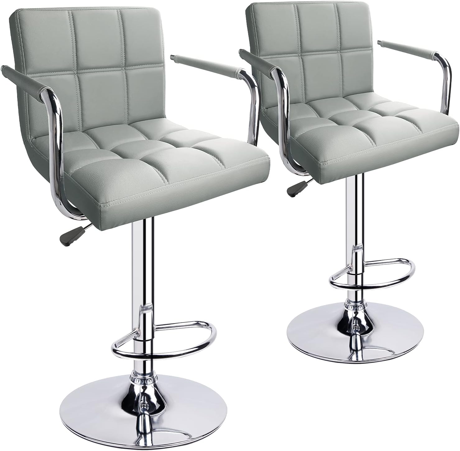 Leopard Adjustable Bar Stools with Armrest, Square Back Swivel Double Stitching with Back Bar Stool, Set of 2 (Light Grey)