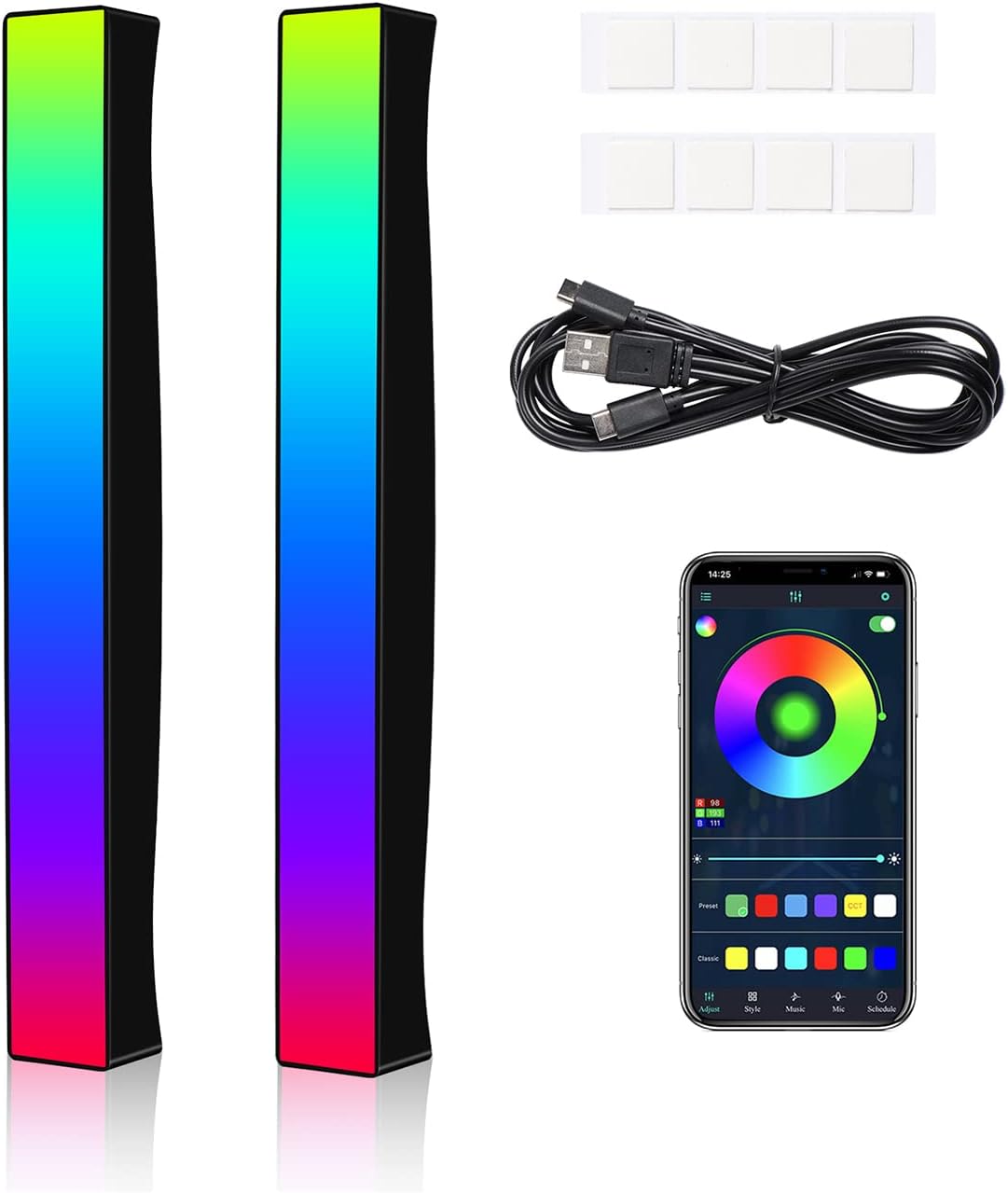 Battery Powered Rhythm Light Bar, RGB Sound Control Pickup Rhythm Lights, APP Control 32 Bit Music Level LED Lights, USB Rechargeable Voice Activated Atmosphere Light for Game Car TV DJ Studio - 2Pcs