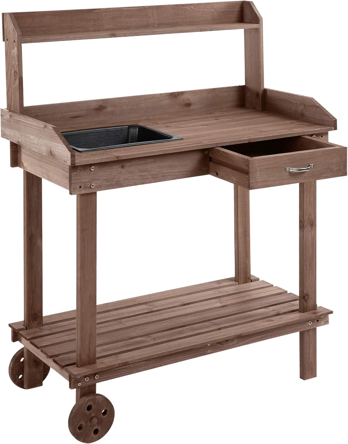 Outsunny 36'' Wooden Potting Bench Work Table with 2 Removable Wheels, Sink, Drawer & Large Storage Spaces, Brown