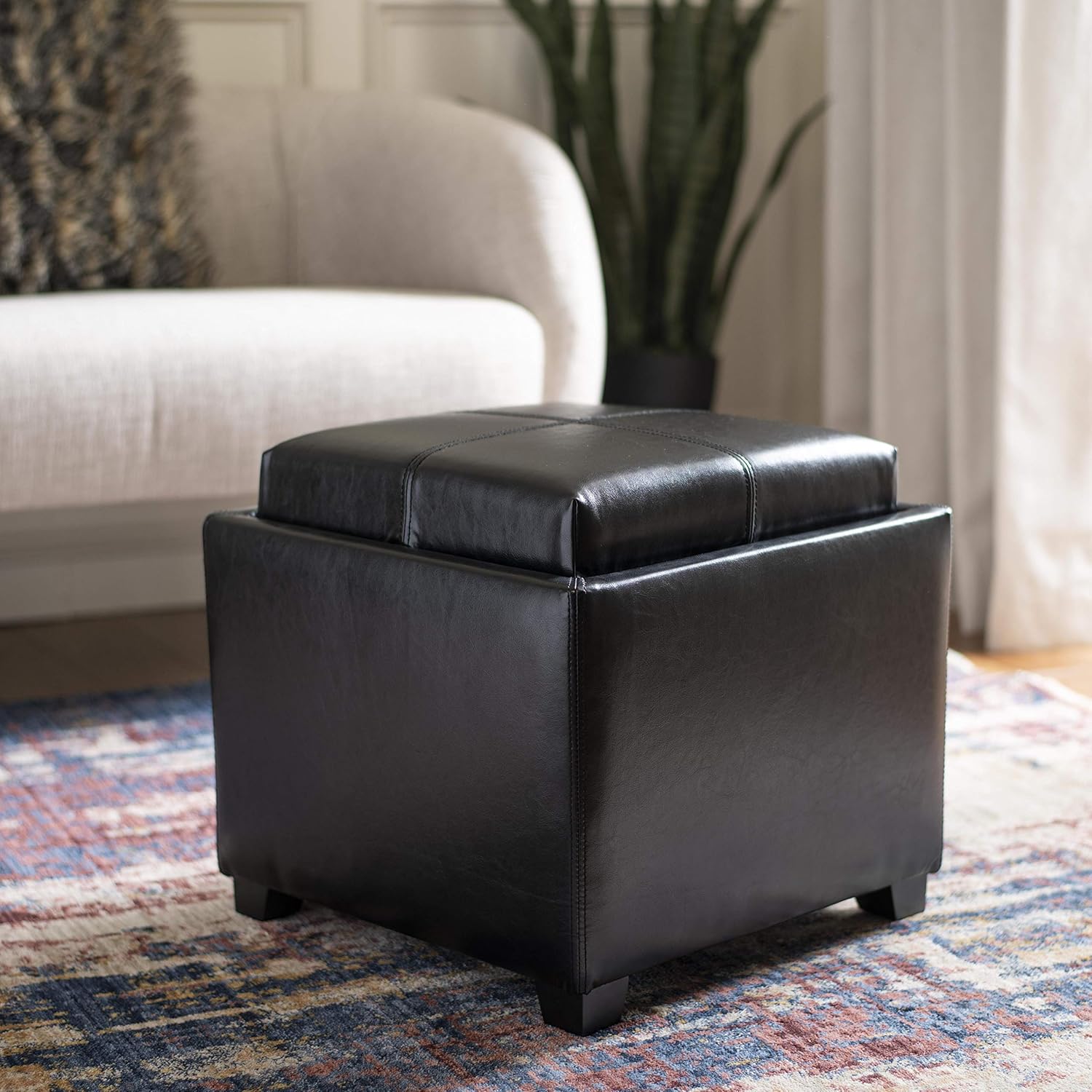 SAFAVIEH Home Collection Harrison Black Single Tray Square Foot Rest Storage Ottoman