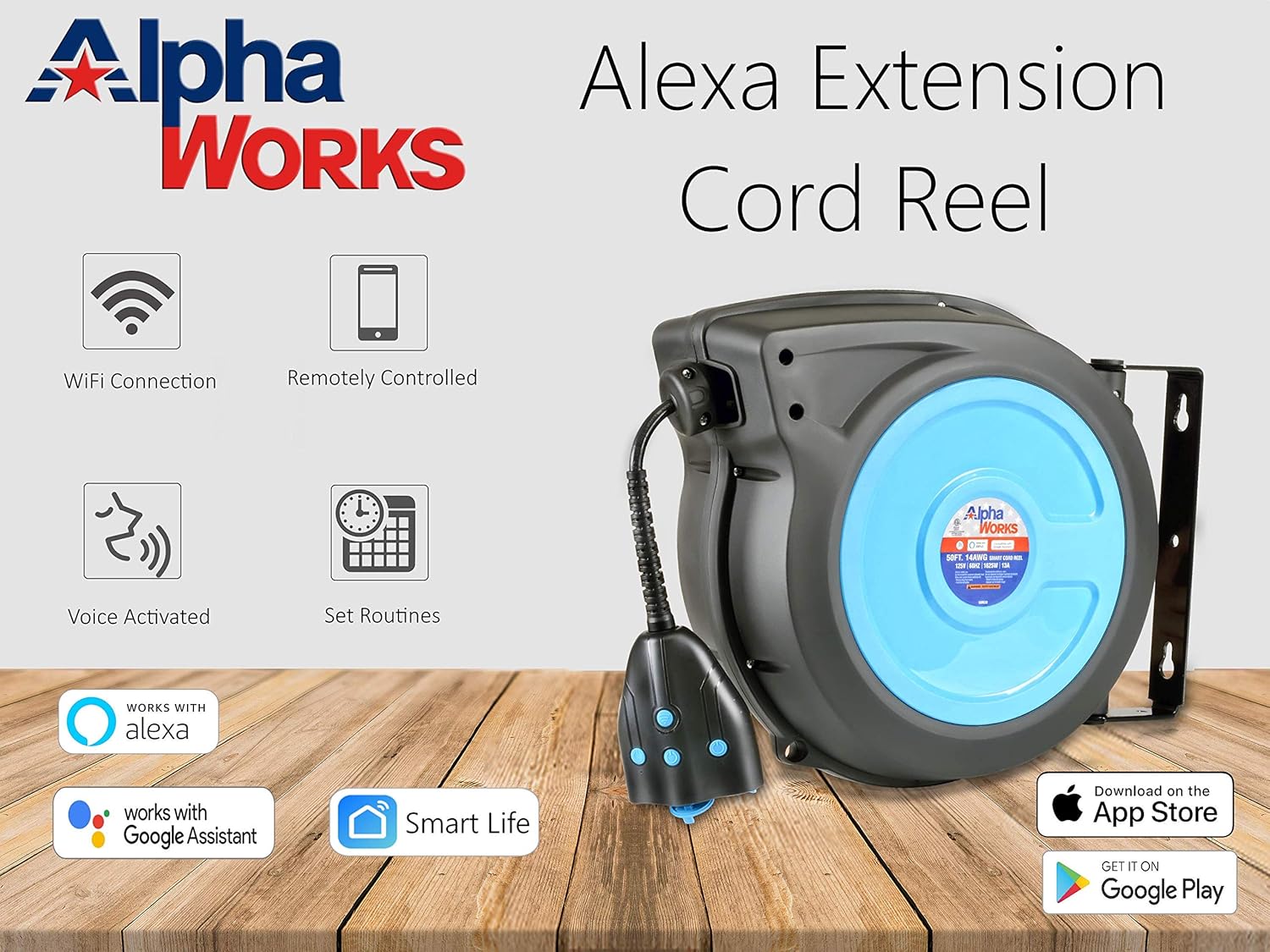 AlphaWorks Cord Reel Extension Alexa Plug 14AWG x 50' Feet (2) IP64 Waterproof Wireless Remote Control Timer Rated at 13A 1625W & Advanced Slow Retraction Technology (SRT) [Patent Pending]