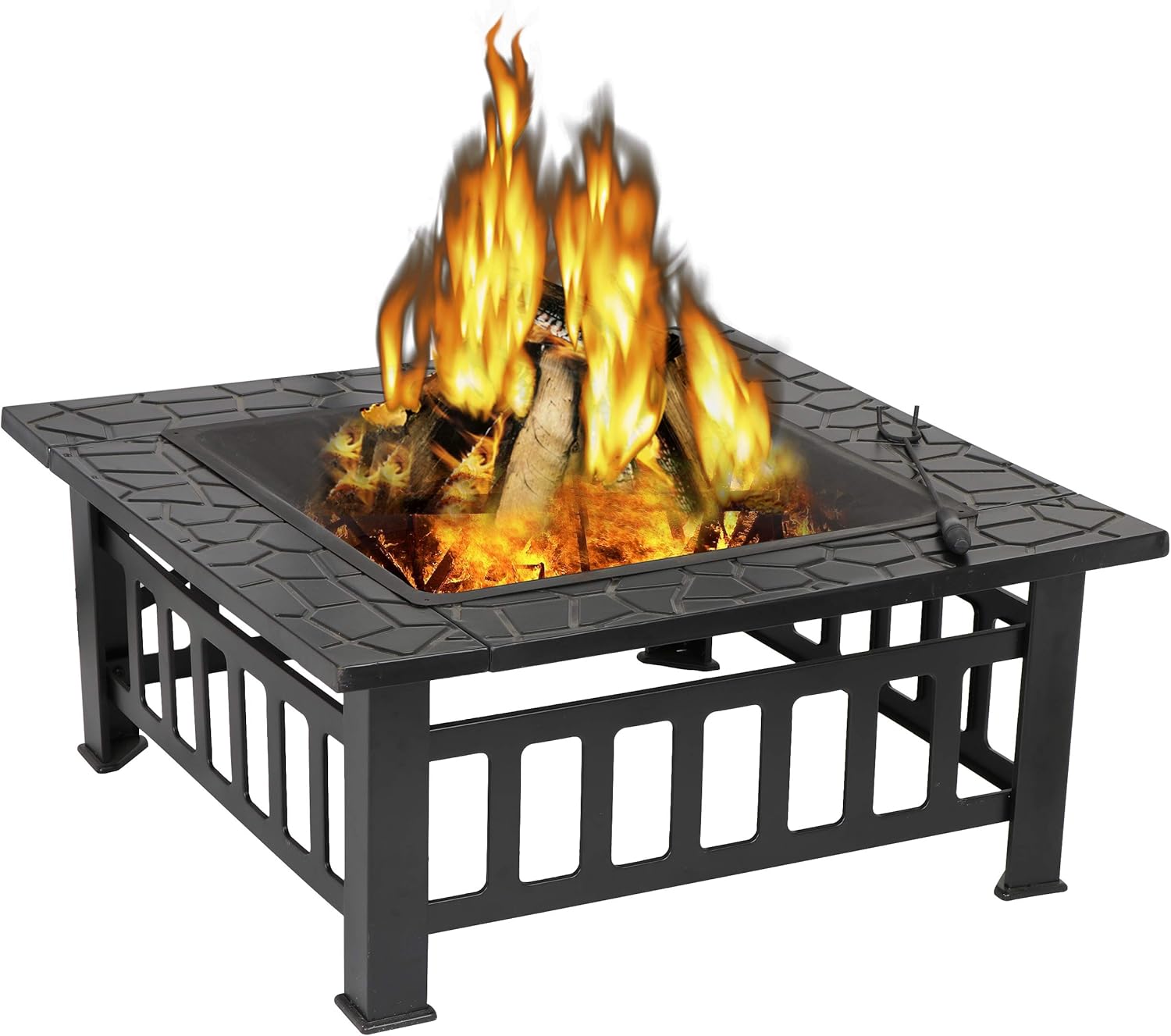 ZENY Outdoor Fire Pits 32in Wood Burning Firepit Square Metal Fireplace Table Fire Bowl with Cooking Grill Spark Screen for Camping Backyard BBQ