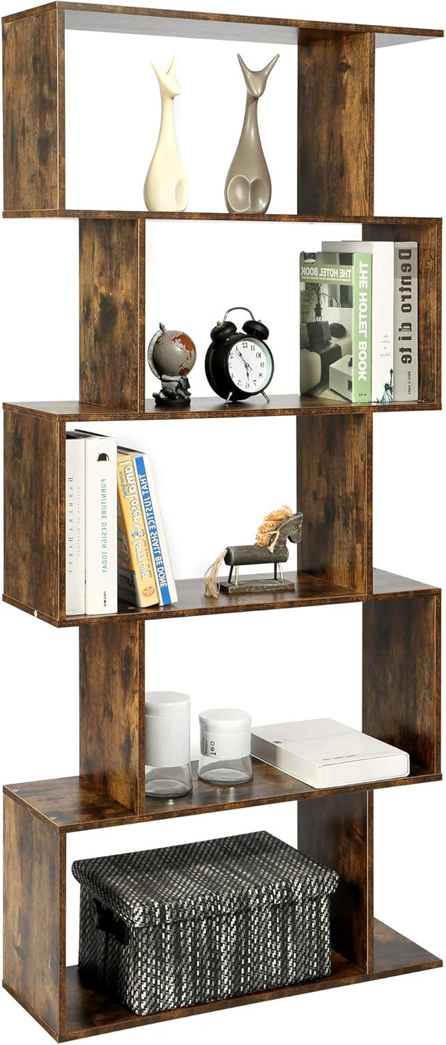 Function Home 5-Tier Geometric Bookshelf, Wooden S-Shaped Bookcase, Display Shelf for Living Room, Bedroom and Study Room in Black