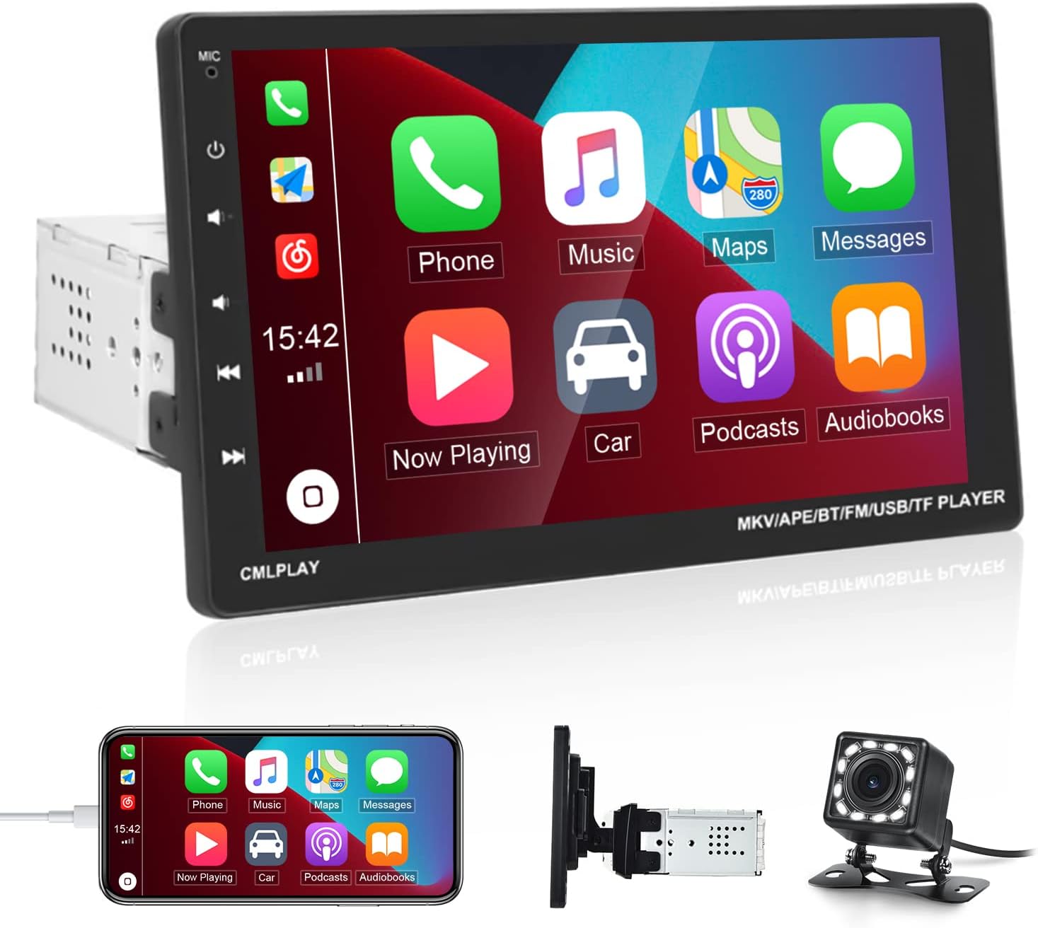 9 Inch Single Din Car Stereo with Carplay Touch Screen Bluetooth Car Radio Support Mirror Link FM Radio Steering Wheel Control Subwoofer AUX in/USB/SD Backup Camera