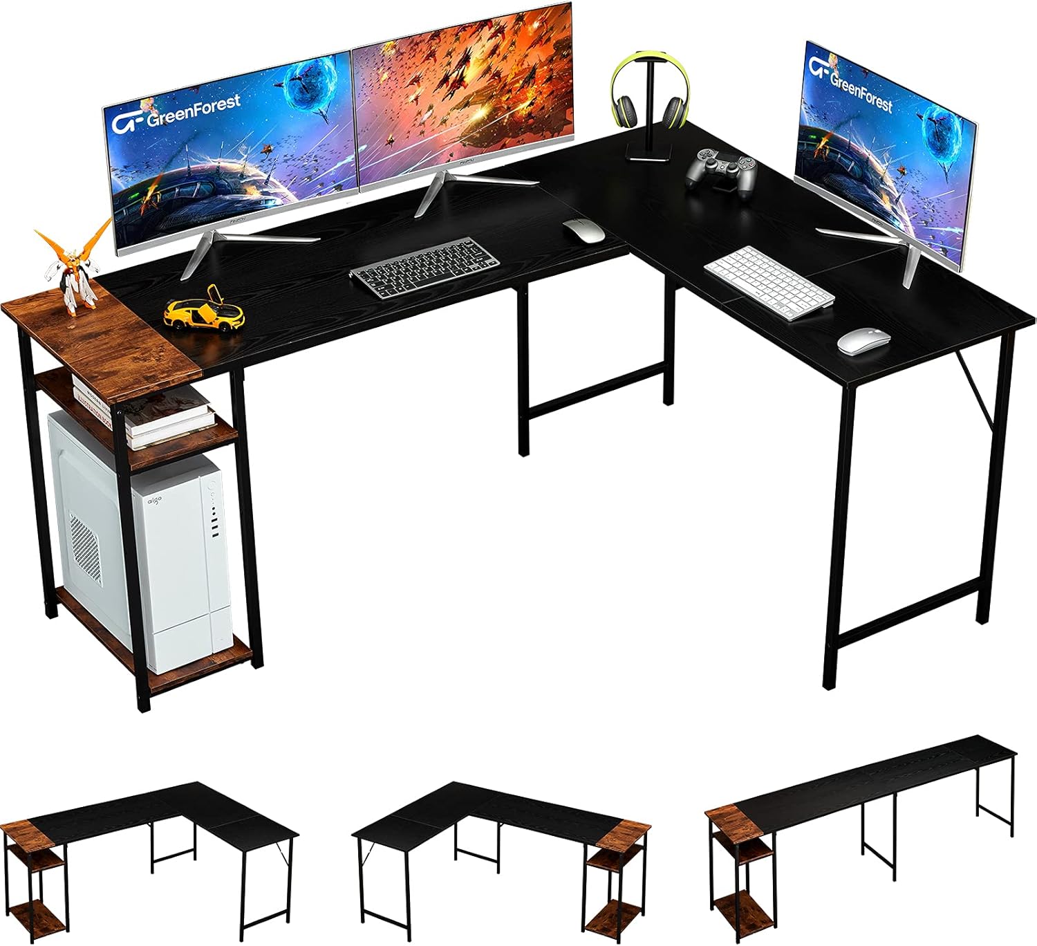 GreenForest L Shaped Desk Reversible with Storage, 94.4 Inch 2-Person Long Desk Computer Gaming Office Desk, Writing Study Corner Desk for Home Office, White/Black