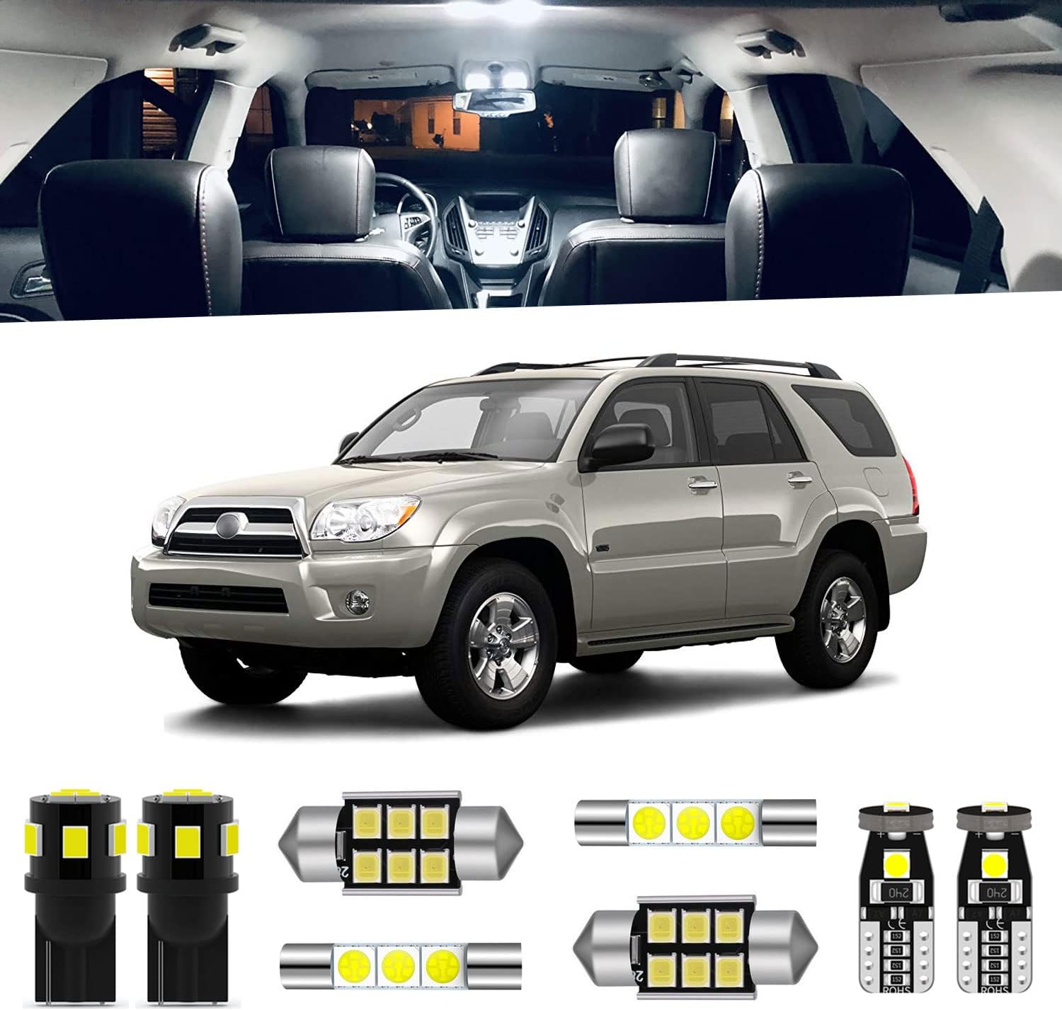 ENDPAGE 18-Pieces 4Runner LED Interior Light Kit Package for Toyota 4Runner 2003 2004 2005 2006 2007 2008 2009 White 6000K Interior LED Lighting Package + License Plate Lights, Install Tool