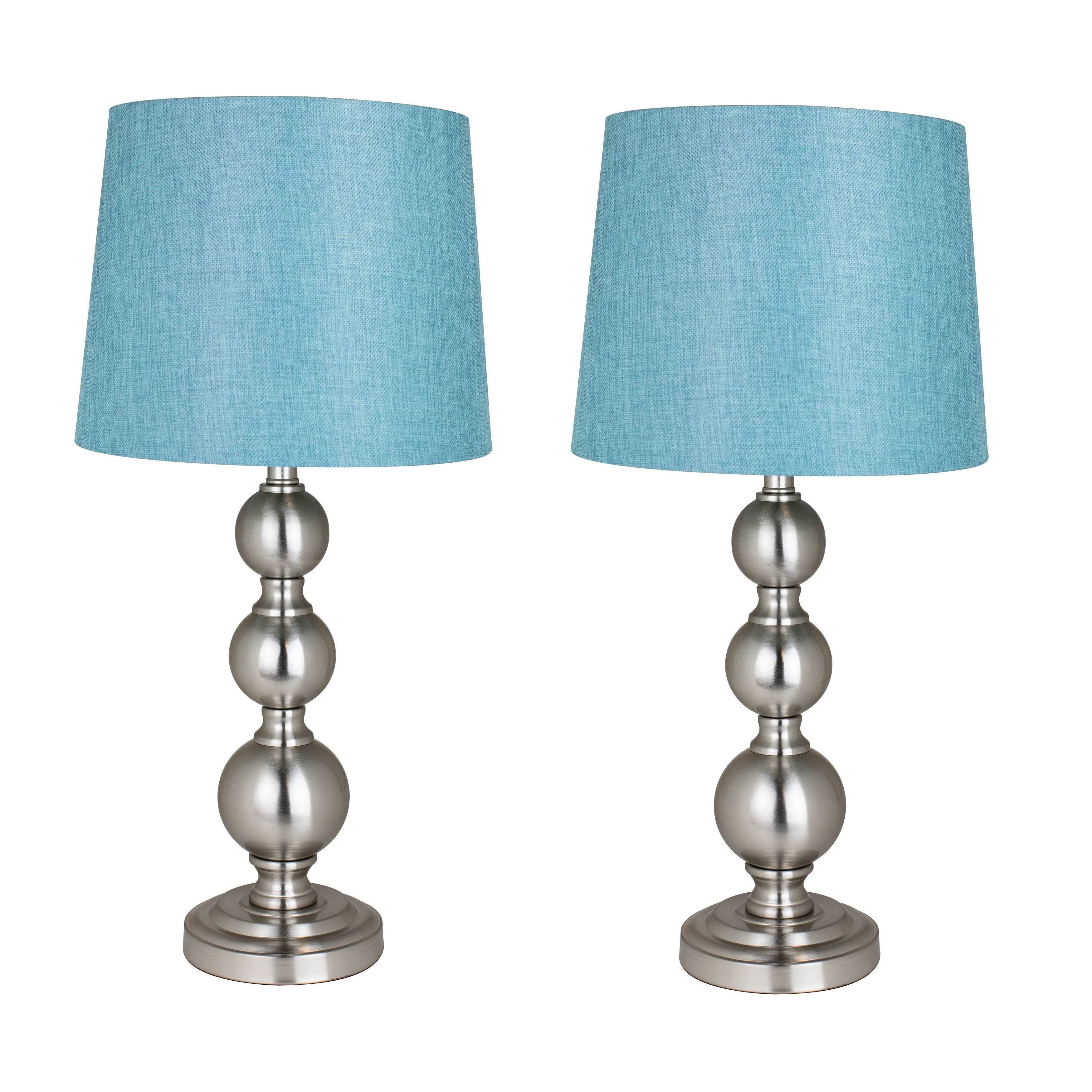 25x22 Brushed Nickel Table Lamp Set ft. Modern Stacked Ball Body and White Linen Tapered Drum Shades (Set of 2)