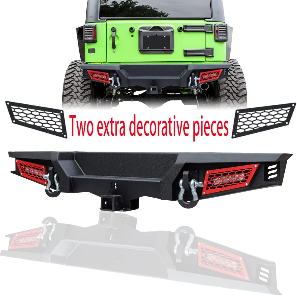 Tioyar Rear Bumper Textured Black w/2x 18W LED Lights & Hook Receivers and 2X 4.75T D-Rings fit 2007-2017 Wrangler JK & JKU