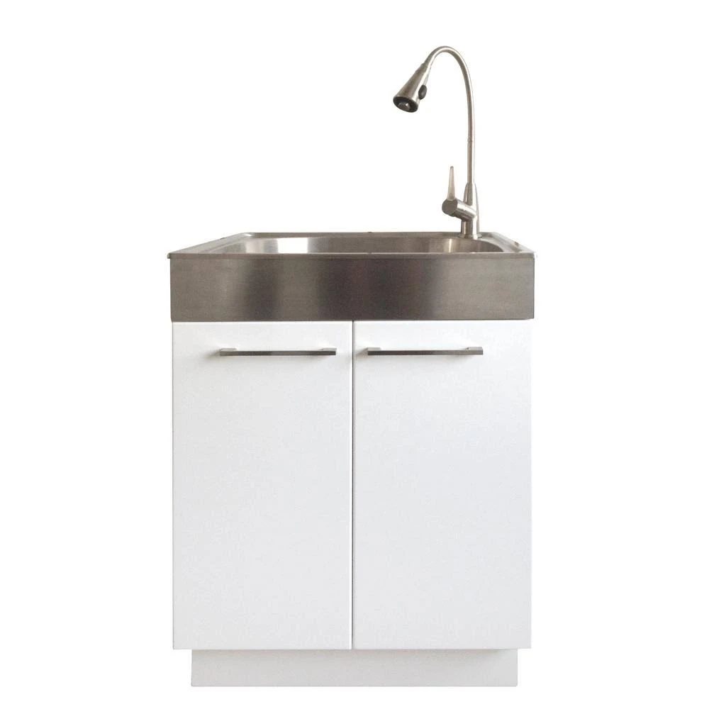 Glacier Bay All-in-One 24.2 in. x 21.3 in. x 33.8 in. Stainless Steel Laundry Sink and White 2 Door Cabinet, High Gloss PVC Lami
