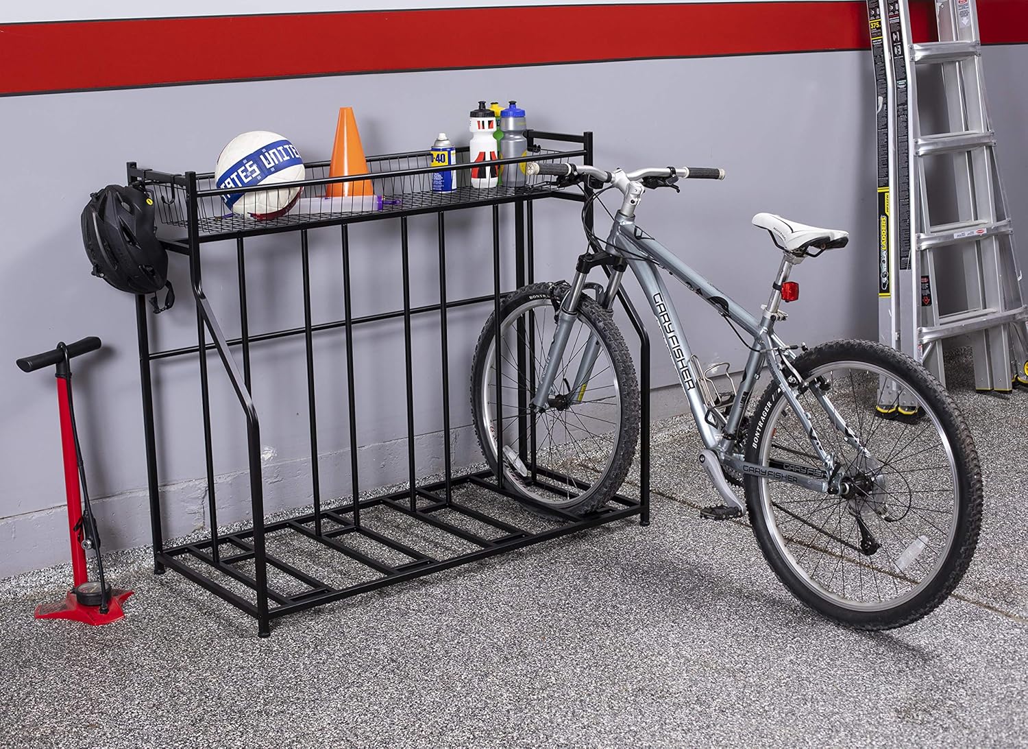 BIRDROCK HOME 4 Bike Stand Rack with Storage – Metal Floor Bicycle Nook – Great for Parking Road, Mountain, Hybrid or Kids Bikes – Garage Organizer - Helmet - Sports Storage Station - Black…