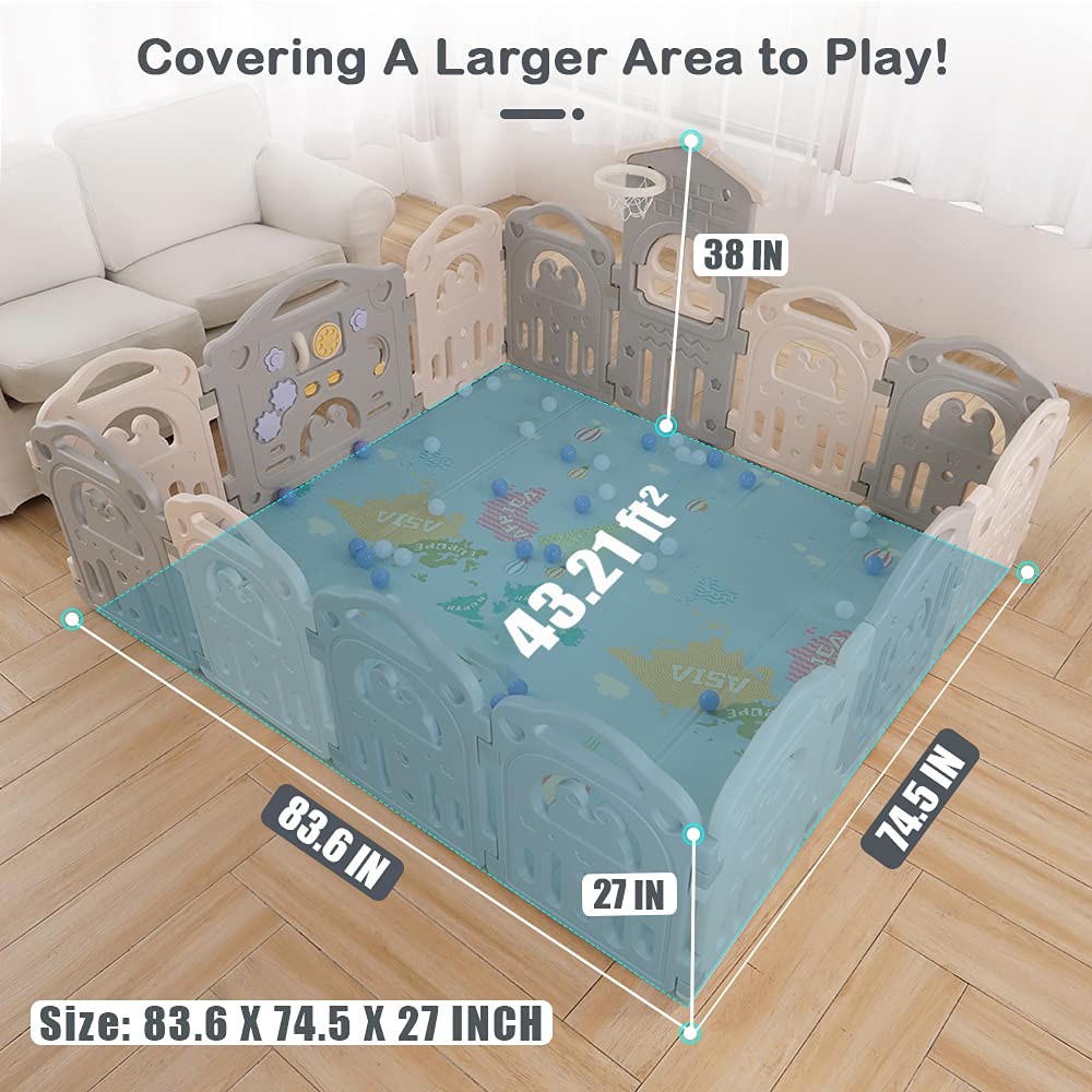 Yoleo Baby Playpen Extra Large Play Yard for Toddlers Kids More Spacious Taller Fences with Basketball Hoop Activity Area Indoor/ Outdoor (Grey, 14 Widened Panels)