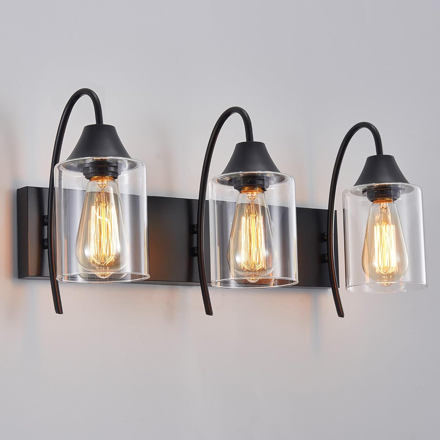 LEDIARY 3-Light Bathroom Vanity Light, Industrial Bathroom Light Fixtures with Clear Glass Shades, Matte Black Light Fixture for Mirror Cabinet, Bedroom, Hallway - E26 Base