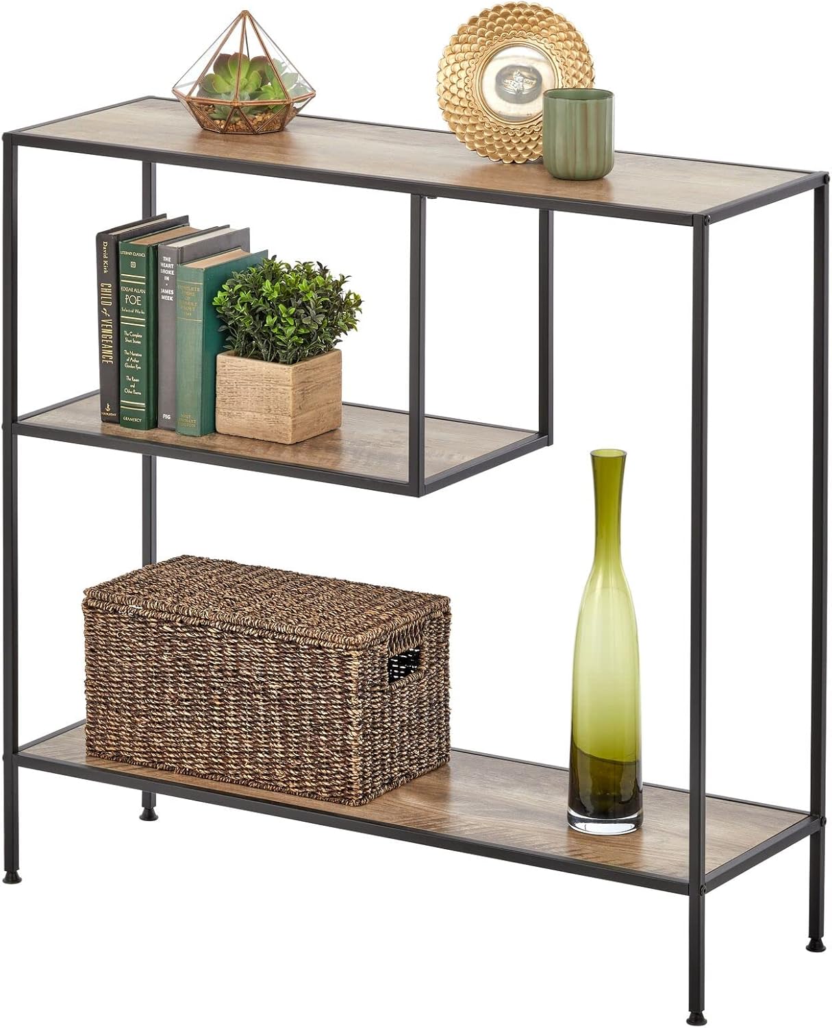 mDesign Modern Wood Console Table with Shelf - Sturdy Metal Frame - Furniture Unit for Living Room, Bedroom, Hallway, Entryway - Adjustable Feet, Water-Resistant, Wood Top - Black/Nordic Walnut