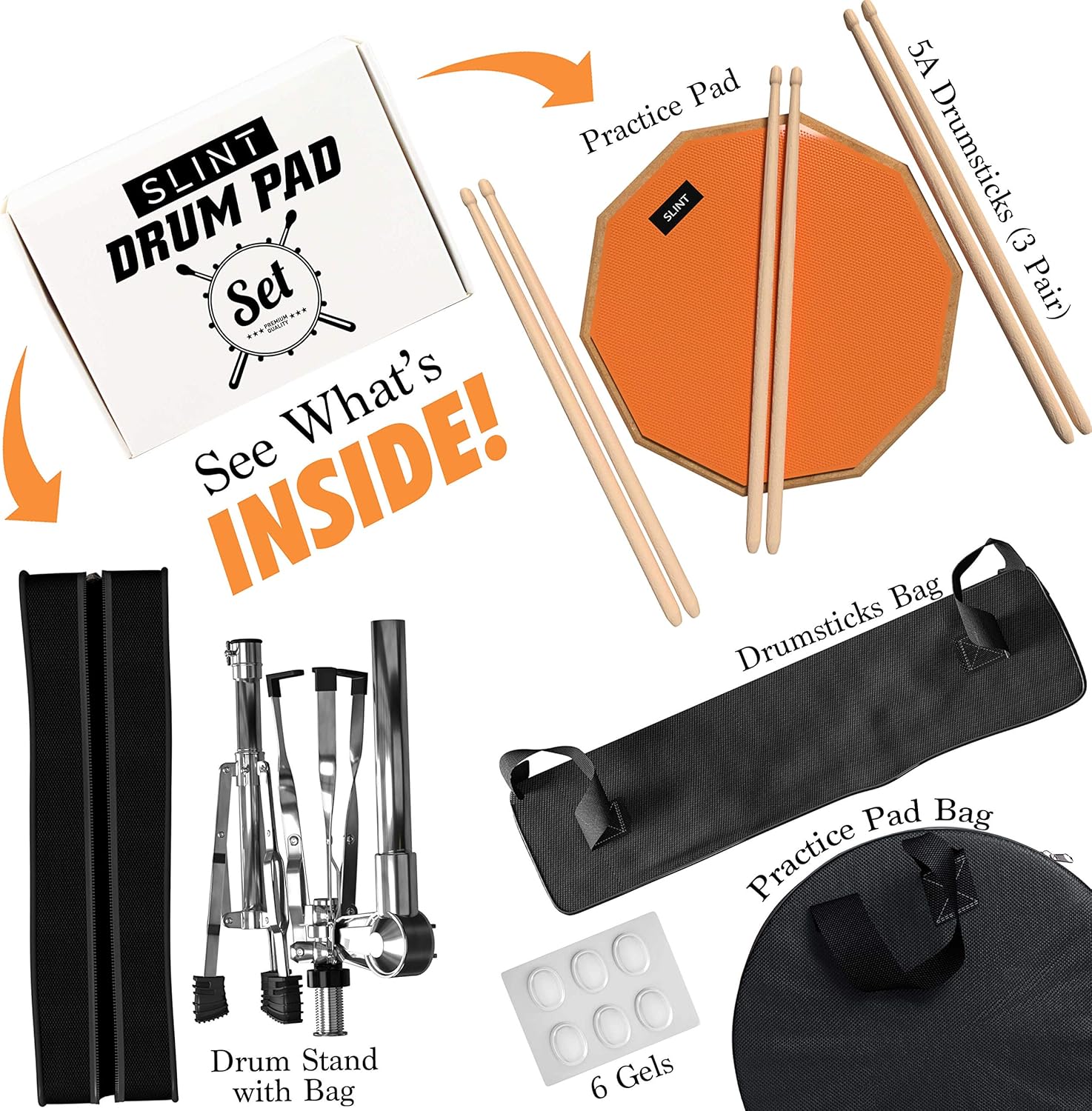 SLINT Drum Pad Stand Kit - Practice Drum Pad Set with Two Different Surfaces-12 Inch Double Sided Silent Drum Pad & Four Inch Snare Drum- Practice Drum Pad Set with Stand & Drumsticks Pack of 2