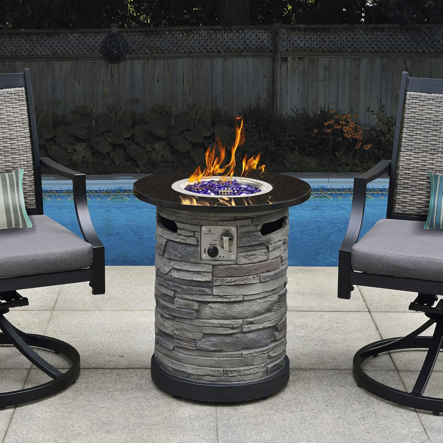 BAIDE HOME Granite Ring Propane Fire Bowl Column, Stack Stone Look Patio Gas Fire Table 40,000 BTU with Fire Glass, Rain Cover
