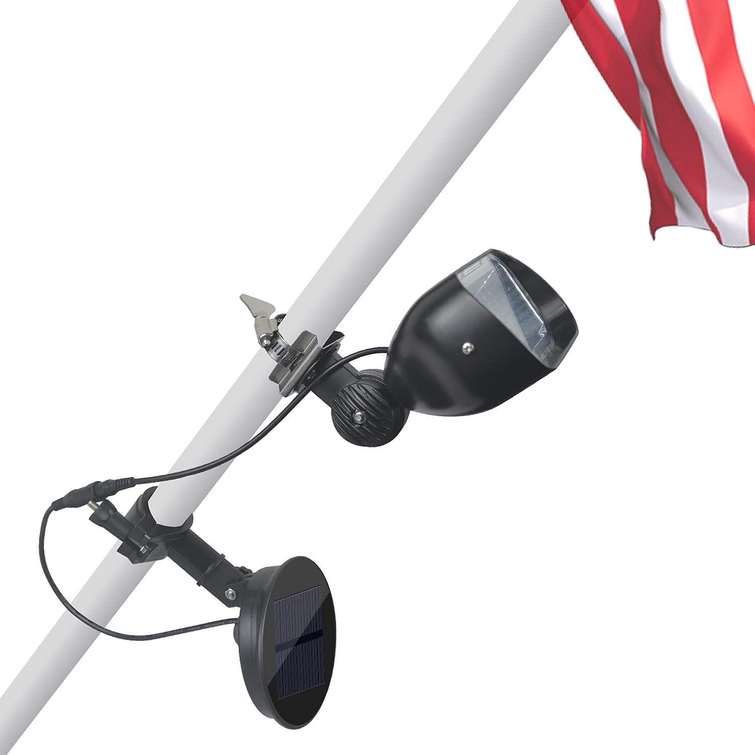 Flag Pole Light Solar Powered, House Pole Mounted Flag Light Mounting Bracket fits Flag Pole 1&rsquo;&rsquo; to 1.5&rdquo; in Diameter, Super Bright 4 LED Auto Dusk to Dawn for Most Wall-Mounted Spinning Flag Poles