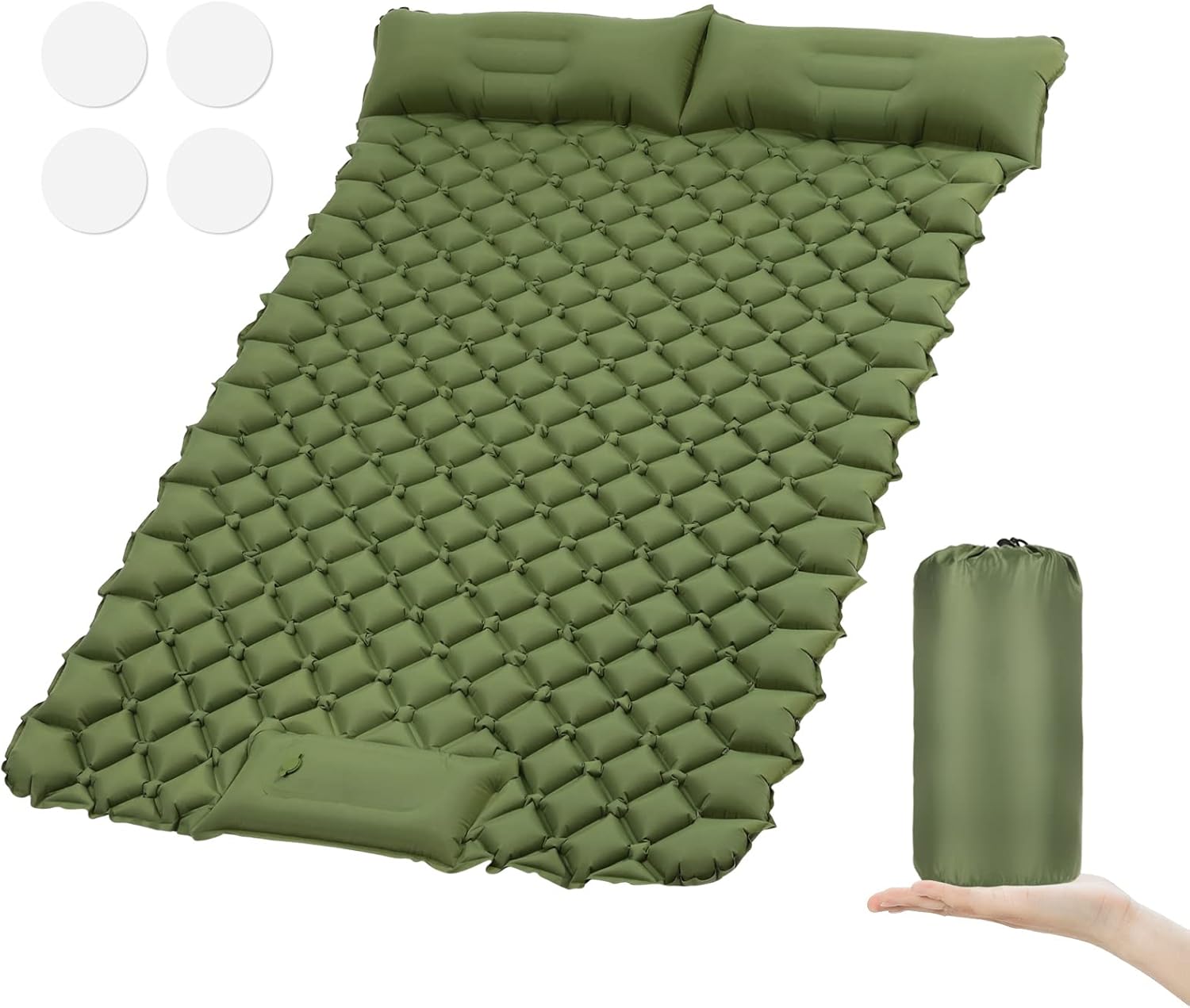 MoKo Camping Sleeping Pad with Pillow, Portable 2 Person Self Inflating Camping Mattress for Backpacking, Hiking, Traveling, Emergency, Lightweight Compact Inflatable Sleeping Mat, Green