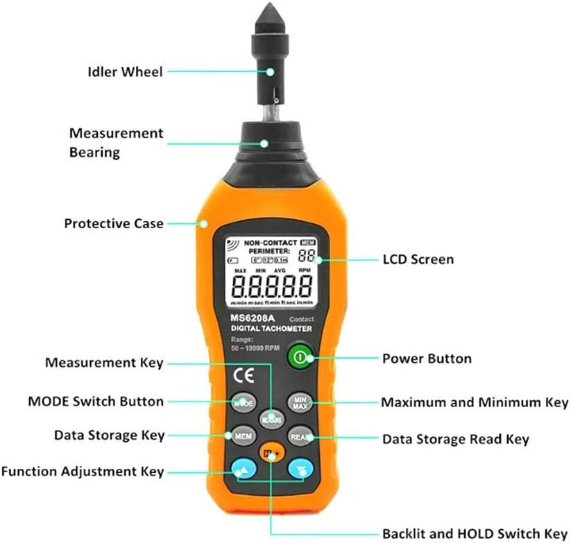 Digital Tachometer Motor Tachometer Gauge PEAKMETER PM6208A Contact-Type Tachometer RPM Motor Speed Gauge Tester Meter Data Hold Display Back Light 50-19999RPM