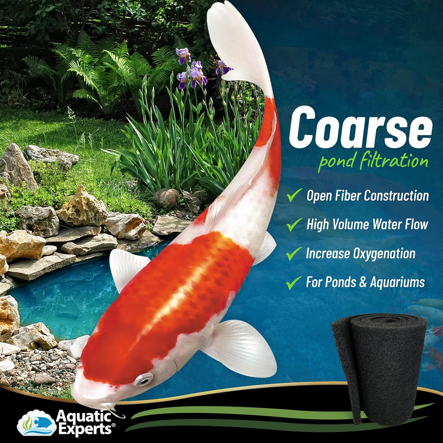 Aquatic Experts Classic Koi Pond Filter Pad COARSE - 12 Inches by 72 Inches by 3/4 inch to 1 Inch – Black Bulk Roll Pond Filter Media, Rigid Ultra-Durable Latex Coated Fish Pond Filter Material USA Pack of 2