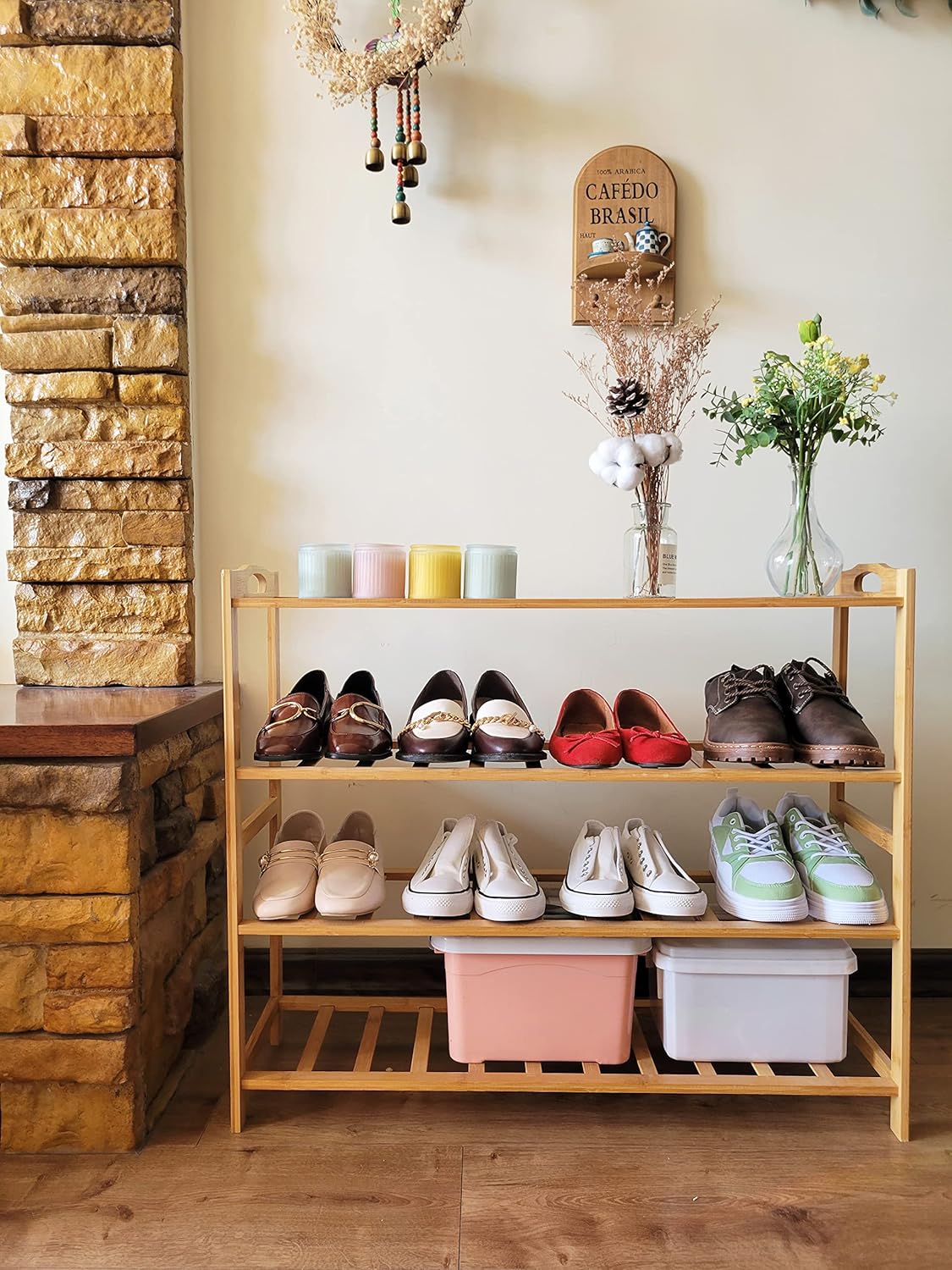 Bamboo Shoe Rack 4 Tier Shoe Organizer for Closet Entryway Shoe Shelf for Home 31.5 Inch Natural Bamboo