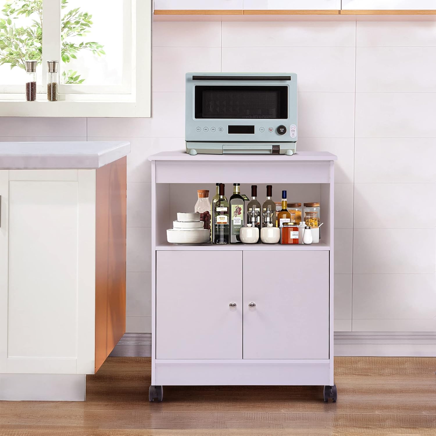 Microwave Cabinet Cart,Microwave Stand Kitchen Cart with Storage, Double Door Cabinet, Open Storage,Top Shelf,White Pack of 2