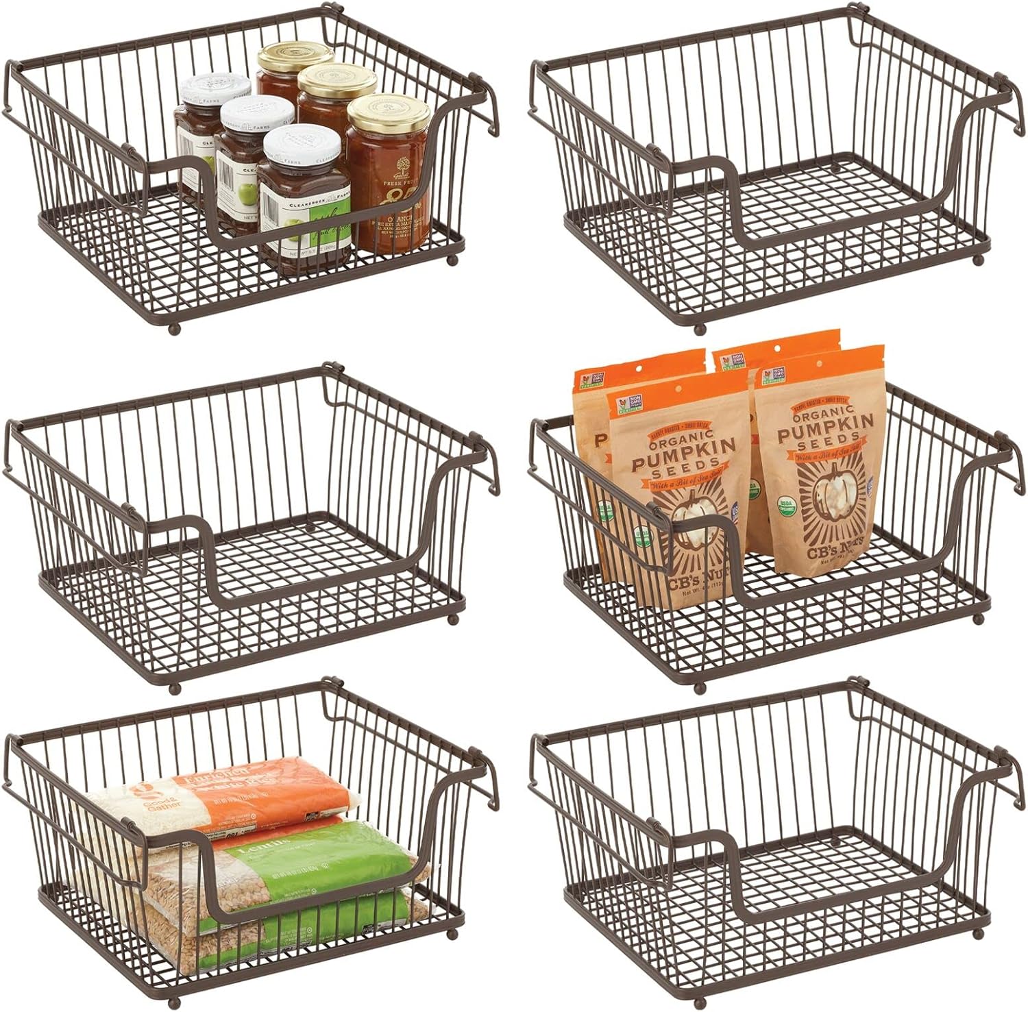 mDesign Wire Basket — Multipurpose Organiser Basket with Adjustable Handles — Stackable Bathroom and Kitchen Storage Solution — Set of 6 — Dark Grey