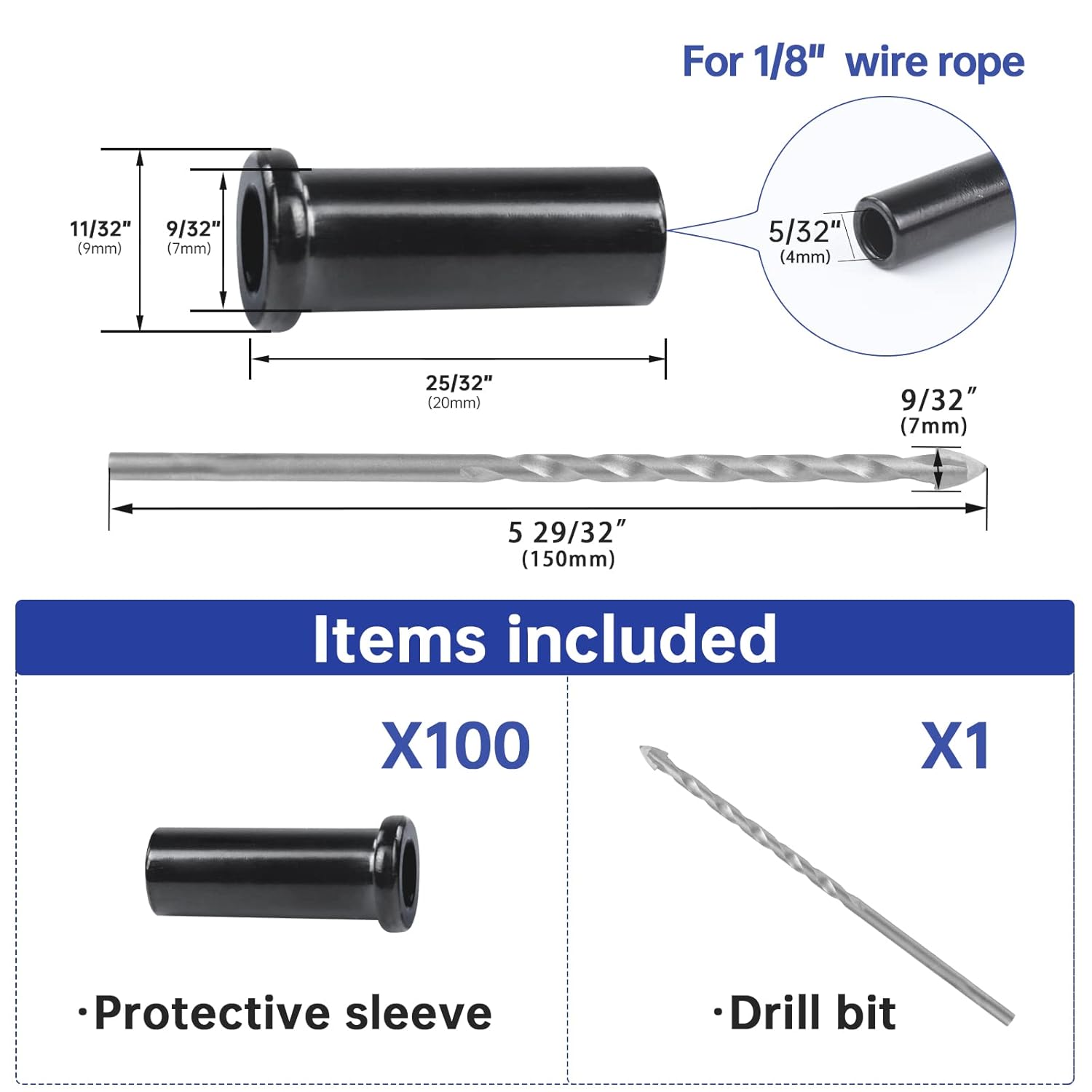 Muzata 100Pack Black Stainless Steel Protective Sleeves Cable Railing Kit Hardware for 1/8