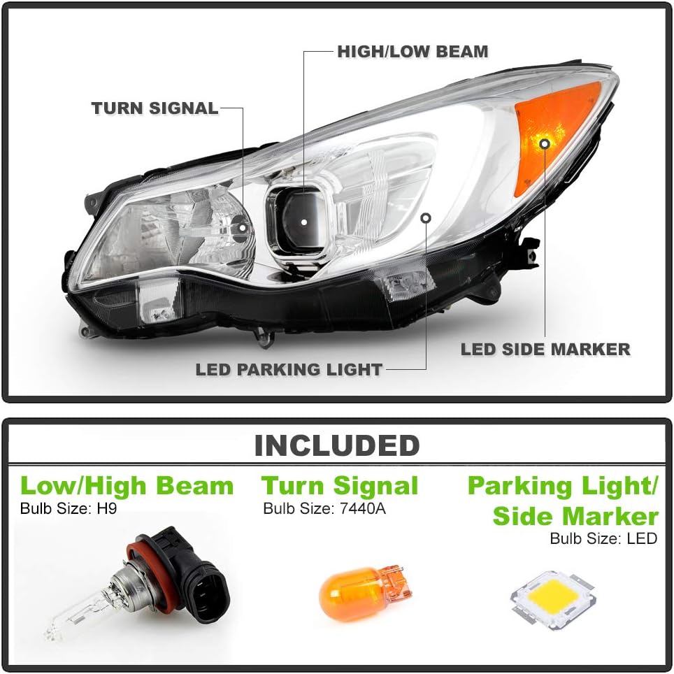 ACANII - For [Halogen Model] 2012-2015 Subaru Impreza Crosstrek Chrome Housing LED Tube Projector Headlights Headlamps