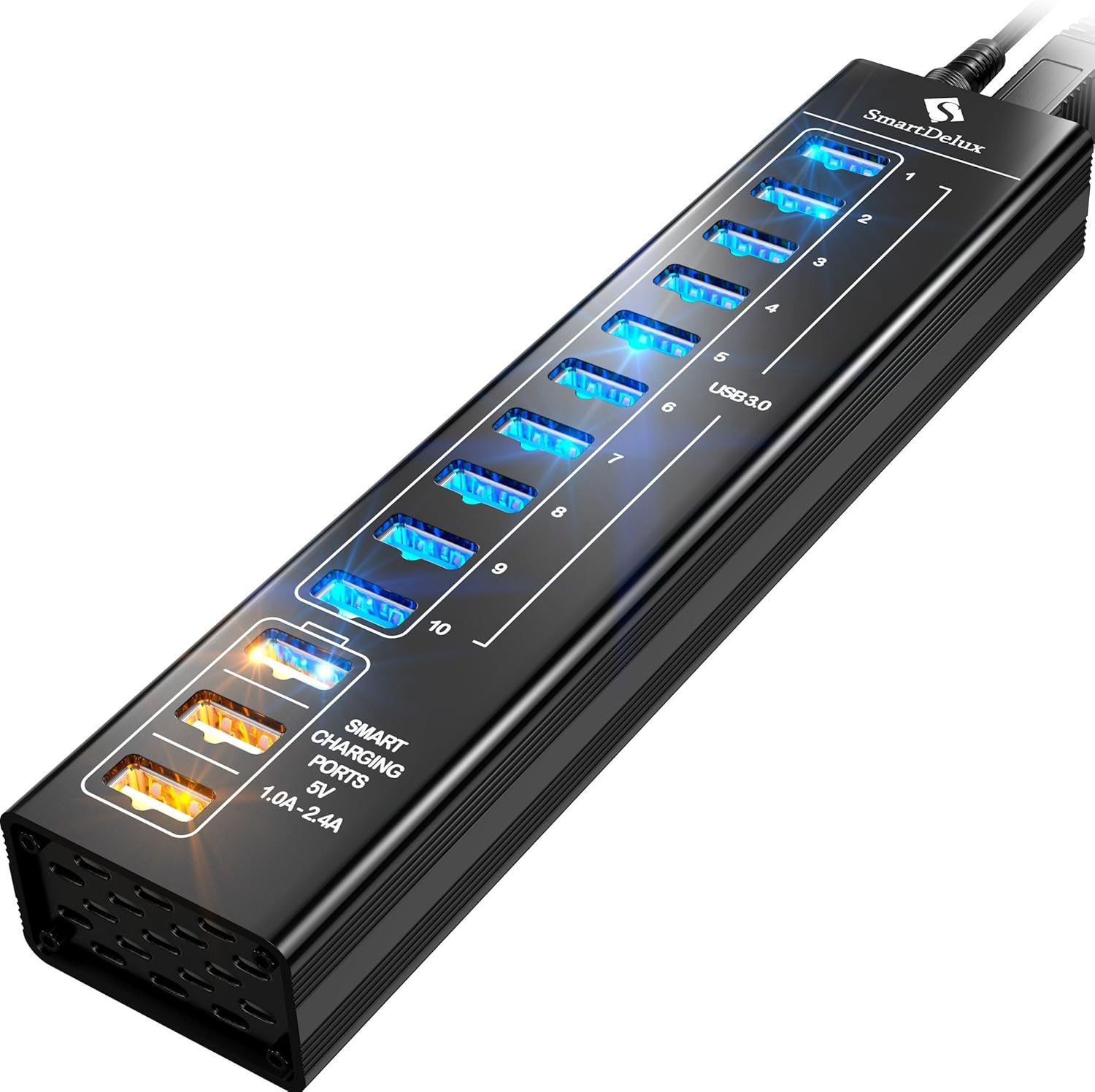 SmartDelux Powered USB Hub - 13-Port USB 3.0 Hub with 10 USB 3.0 Ports, 3 Smart Charging Ports, Power Adapter, Long Cord, LEDs - Black Aluminum Pack of 2